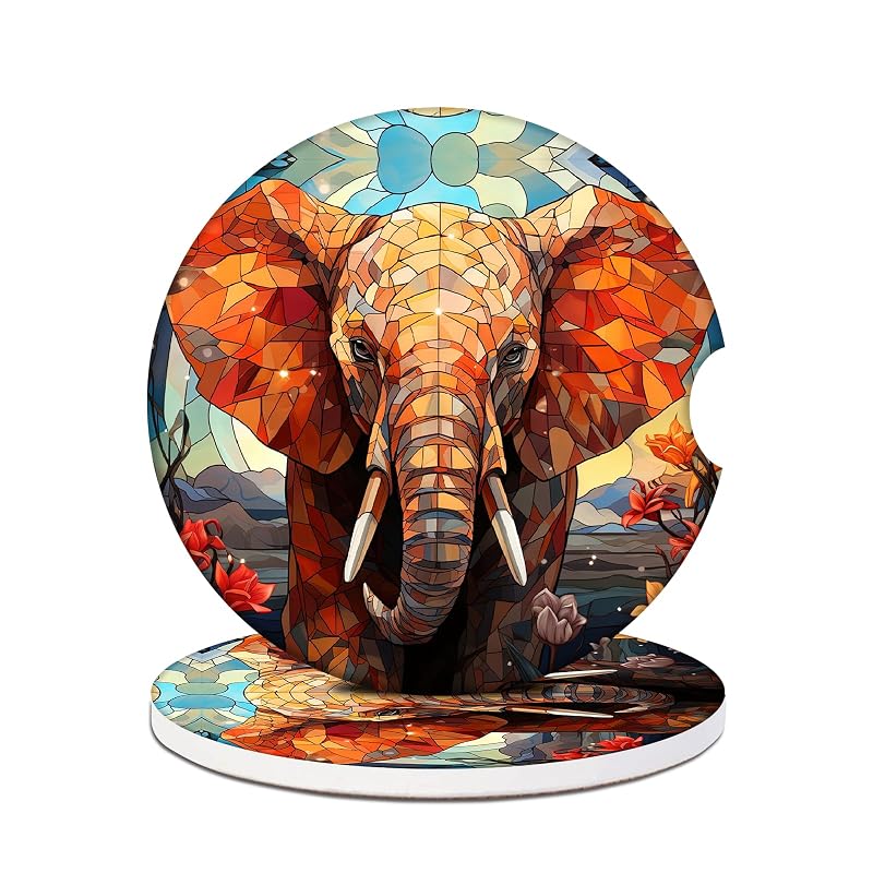 Porta-Copos para Carro em Cerâmica com Arte de Elefante Colorido PUIBUN, Redondo, 2 Unidades