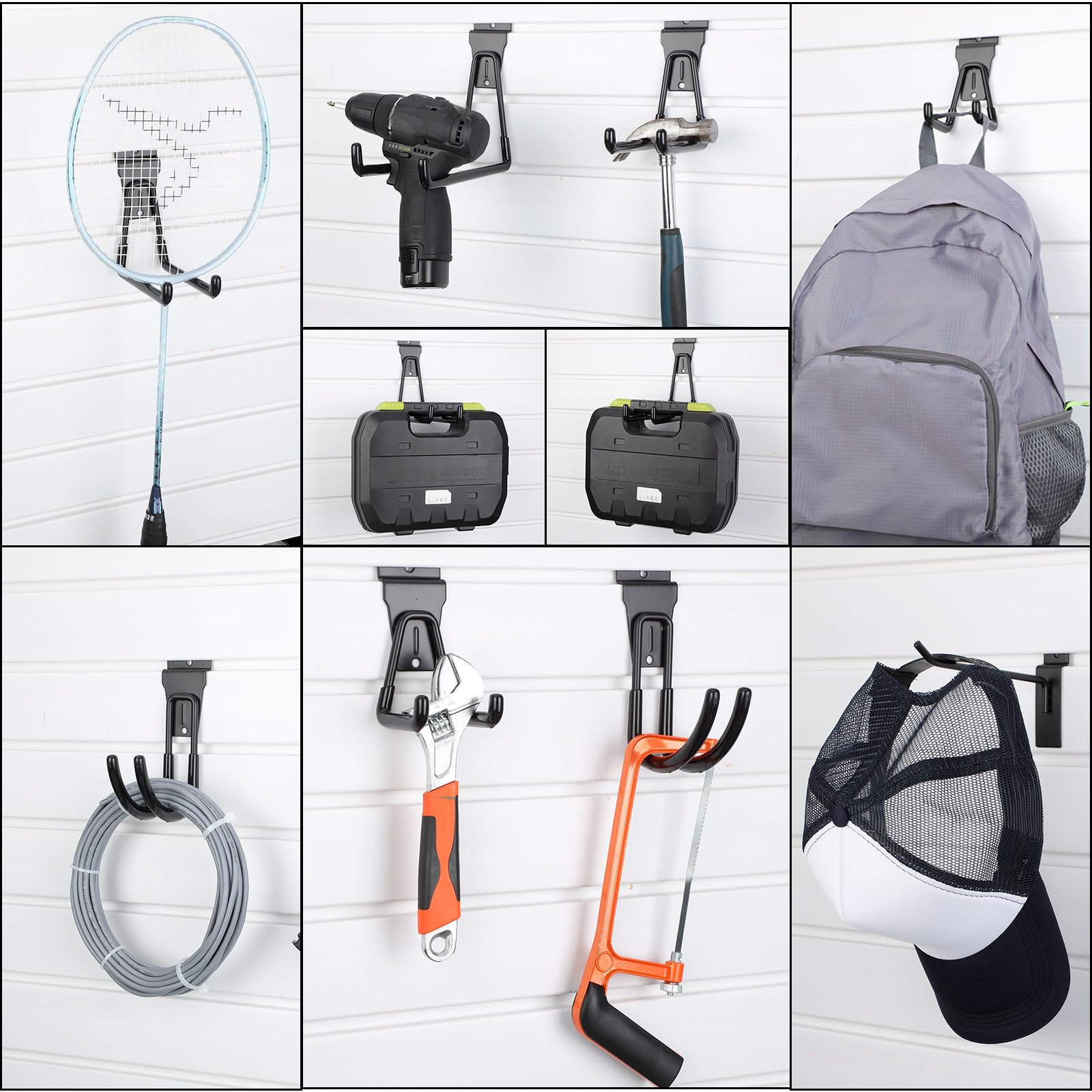 Landhoow 36 ganchos y perchas para listones, 32 ganchos resistentes para colgar en la pared con 4 correas de almacenamiento, surtido de accesorios de listones para almacenamiento, garaje, organización