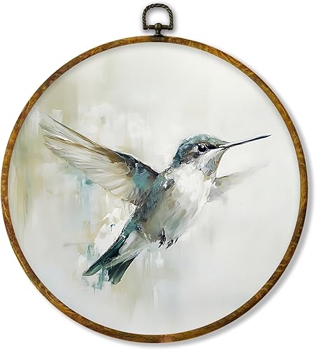 Hiuwevt Decoración de pared redonda de colibrí vintage, impresiones en lienzo enmarcadas con acuarela, colibrí retro, decoración redonda para colgar