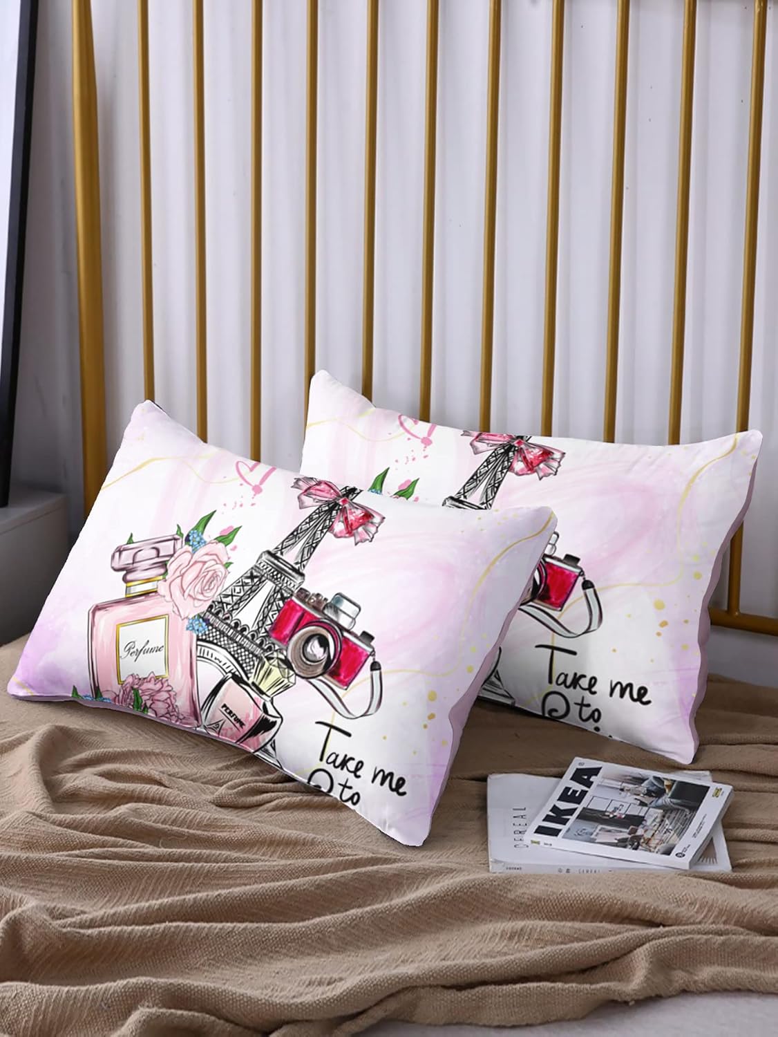 HOSIMA Pink Fitted Sheets Full Size,French Eiffel Tower Bedding Sets Romantic Paris Themed Bedroom Decor,Romantic Couple Bedding Sets with 2Pilowcases,Fitted Sheets with Elastic Straps.