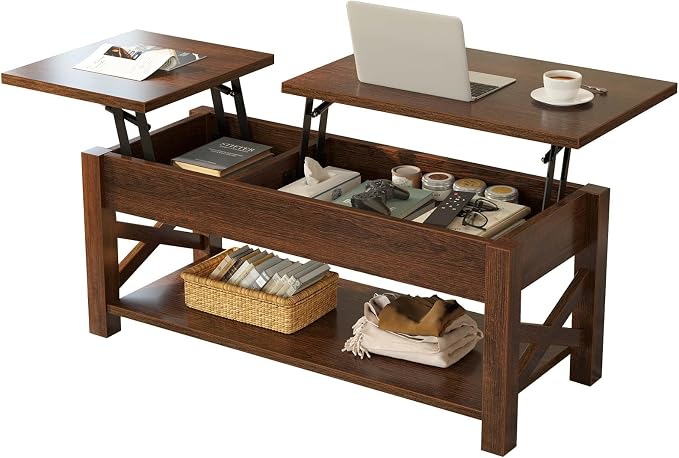 Rolanstar Coffee Table 47.2", 2 Way Lift Top Coffee Table with Hidden Compartment, Lift Top Coffee Table with Open Shelf & X Wooden Support, Farmhouse Center Table for Living Room, Espresso