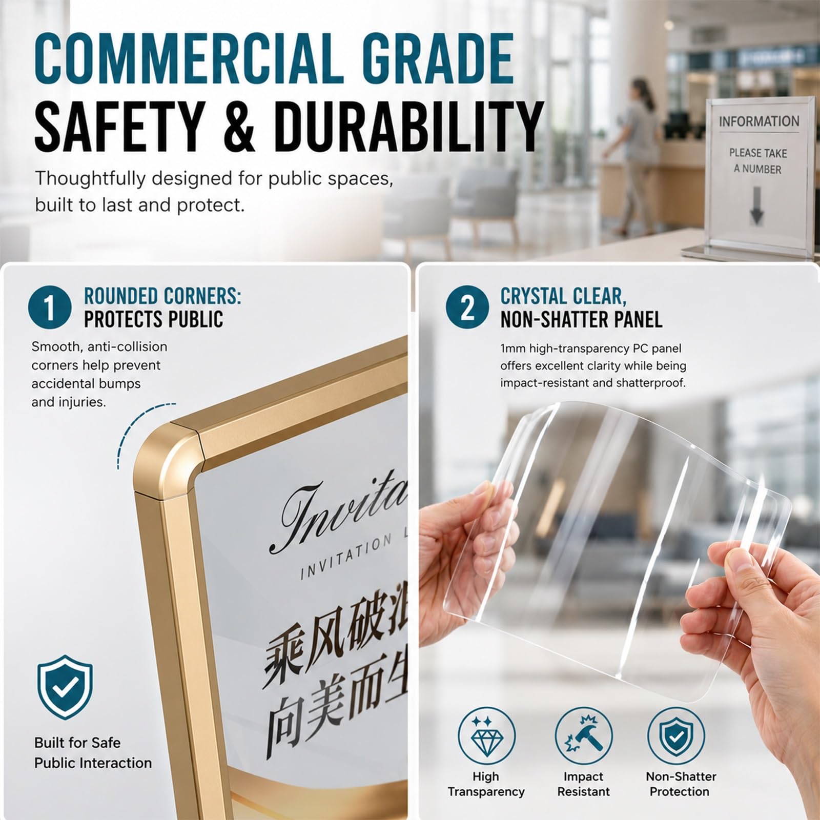 Espositor Comercial Moderno, Porta Cartel de Pie con Pelicula Protectora Transparente, Marco Menu Reversible para Publicidad e Indicador Direccion(Black,50x70)