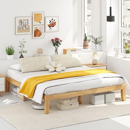 Miniatura 45 de KOMFOTT Base de cama de plataforma de madera de 14 pulgadas, tamaño individual, base de colchón de madera con marco de madera de goma, fuerte Marrón