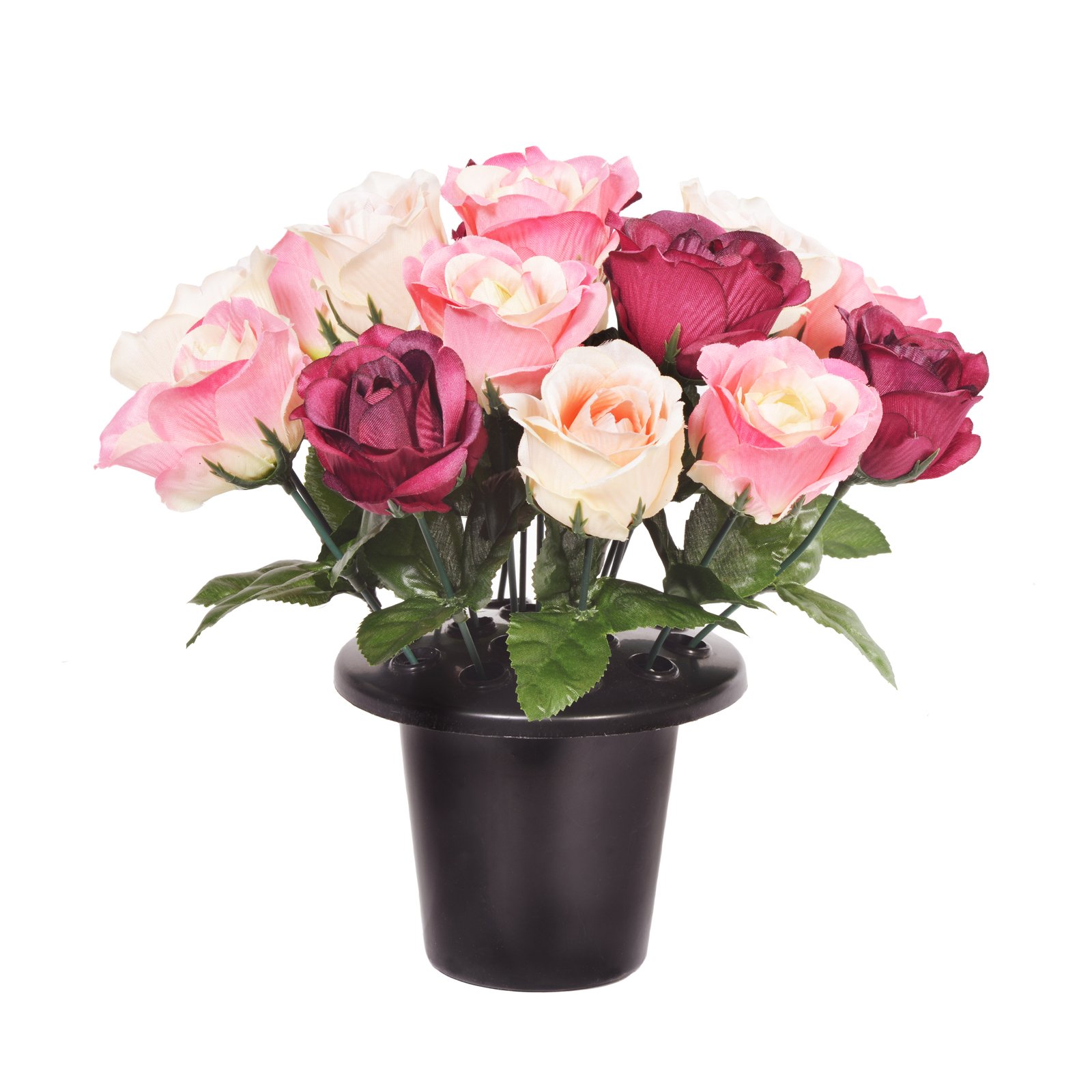 FloristryWarehouse Weighted Grave Pot Artificial Open Rose Pink Burgundy Cream