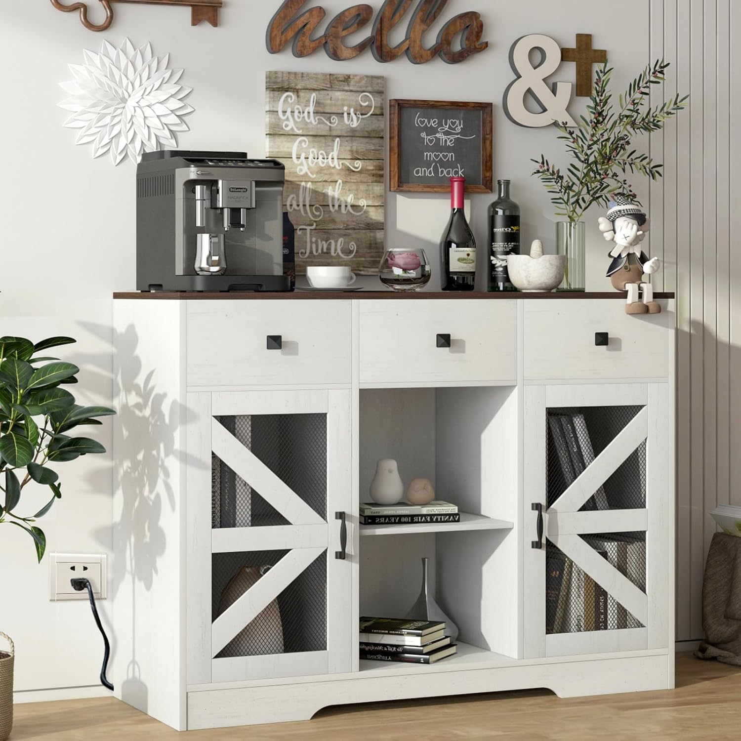 White Coffee Bar Kitchen Buffet Storage with Barn Doors and