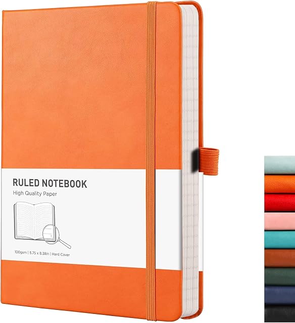 RETTACY Lined Journal Notebook - A5 Note Book Hardcover Notepad 192 Numbered Pages for Writing,100gsm Lined Paper, Leather Hardcover, for Women Men Work Office School,14.5 x 21cm - Orange