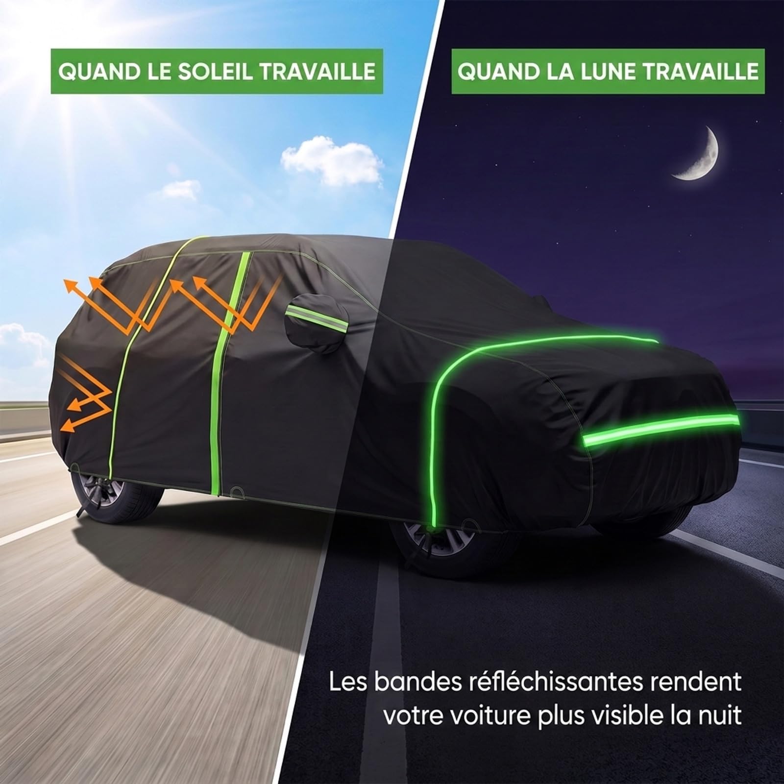 NEVERLAND Bâche Voiture SUV Imperméable 6000PA 6 Couches PEVA Coton Noir | Fermeture éclair conducteur, bandes réfléchissantes, fixation anti-vent, protection UV, compatible Peugeot 2008/Renault