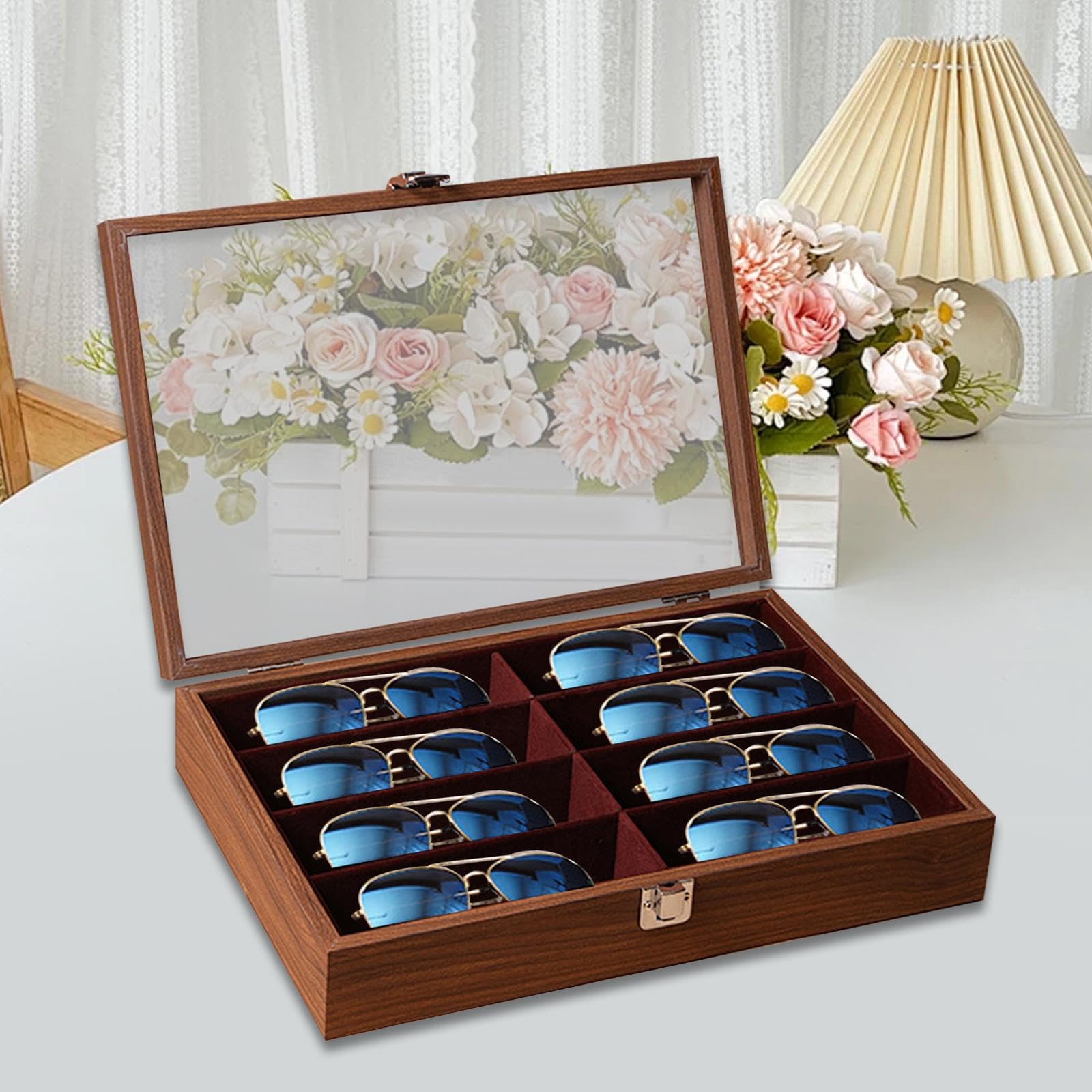 Brille Aufbewahrung Tablett aus Holz mit 8 Fächern Brillenbox Sonnenbrillenhalter Schmuckständer Samt Innenfutter für Zuhause Geschäft Schminktisch