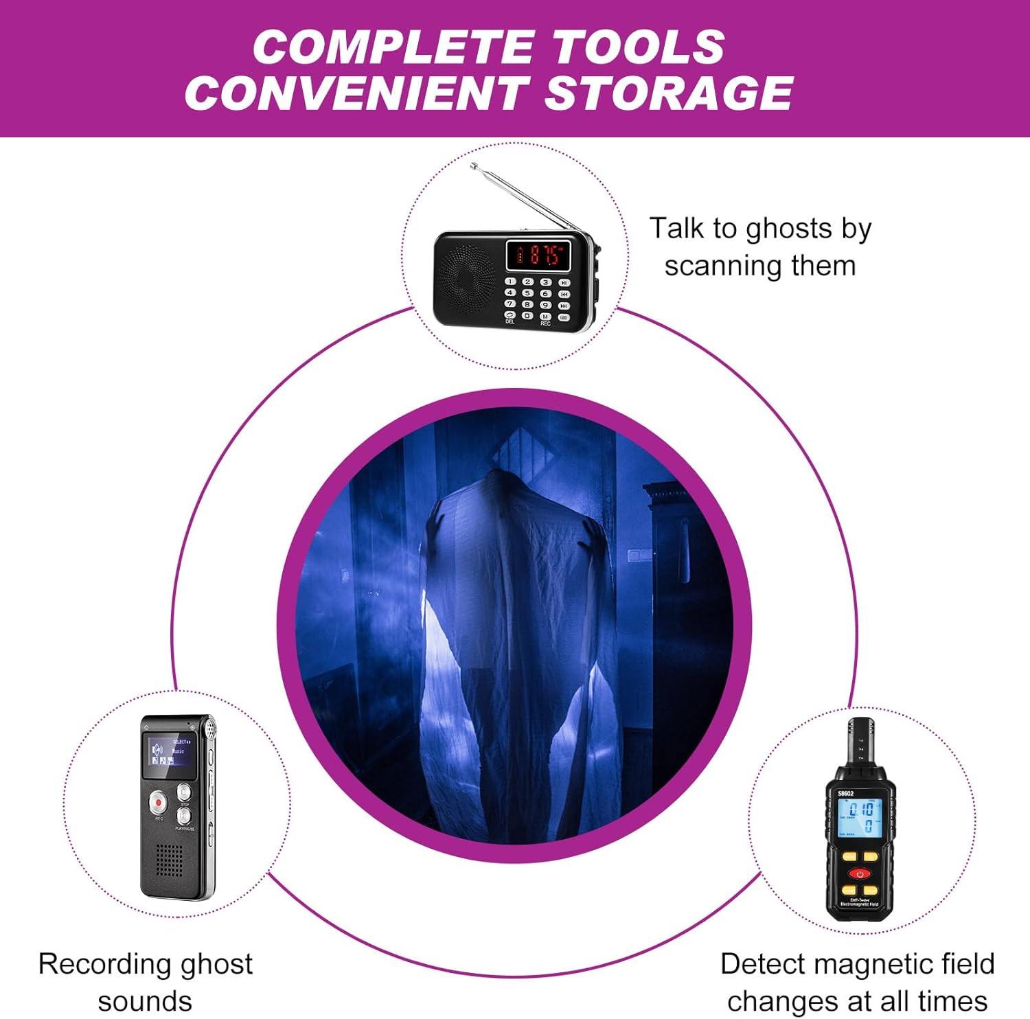 3 Pcs Ghost Hunting Equipment Kit Includes 1 Pcs 8GB Audio Recorder 1 Pcs Emf Detector Emf Meter Magnetic Field Detector 1 Pcs Fm Radio EVP Recorder for Paranormal Research (Emf Meter1)