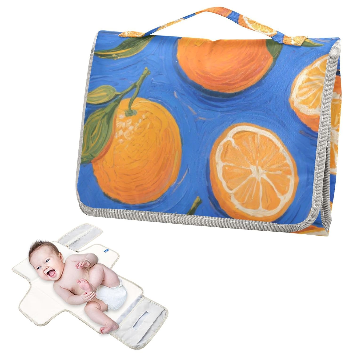 Orange Fruit Blue Art Painting Reusable Changing Table pad with Tissue Pocket Portable Diaper Changing pad for Girl & Boy cambiador de pa?ales para Bebes