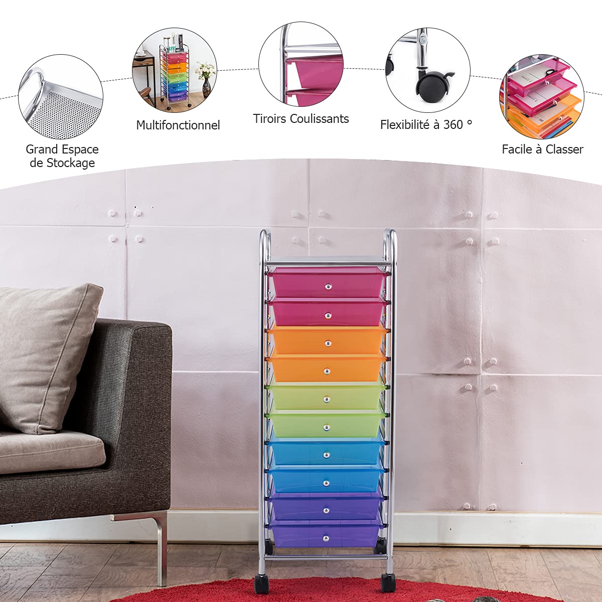 DREAMADE Chariot de Rangement,Desserte à Roulettes,Tour de Rangement en Métal avec 10 Tiroirs,1 Tablette,4 Roues et 2 Freins pour Salon,Chambre,Bureau,Dortoir 32,5 x 37 x 86CM (Coloré)