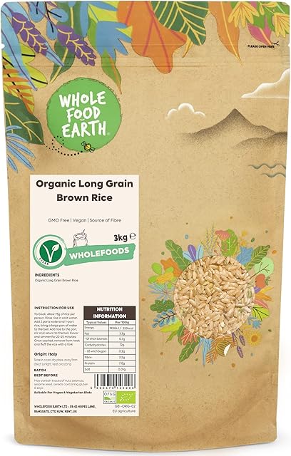 Wholefood Earth Organic Long Grain Brown Rice 3kg GMO Free | Vegan | Source of Fibre | Certified Organic