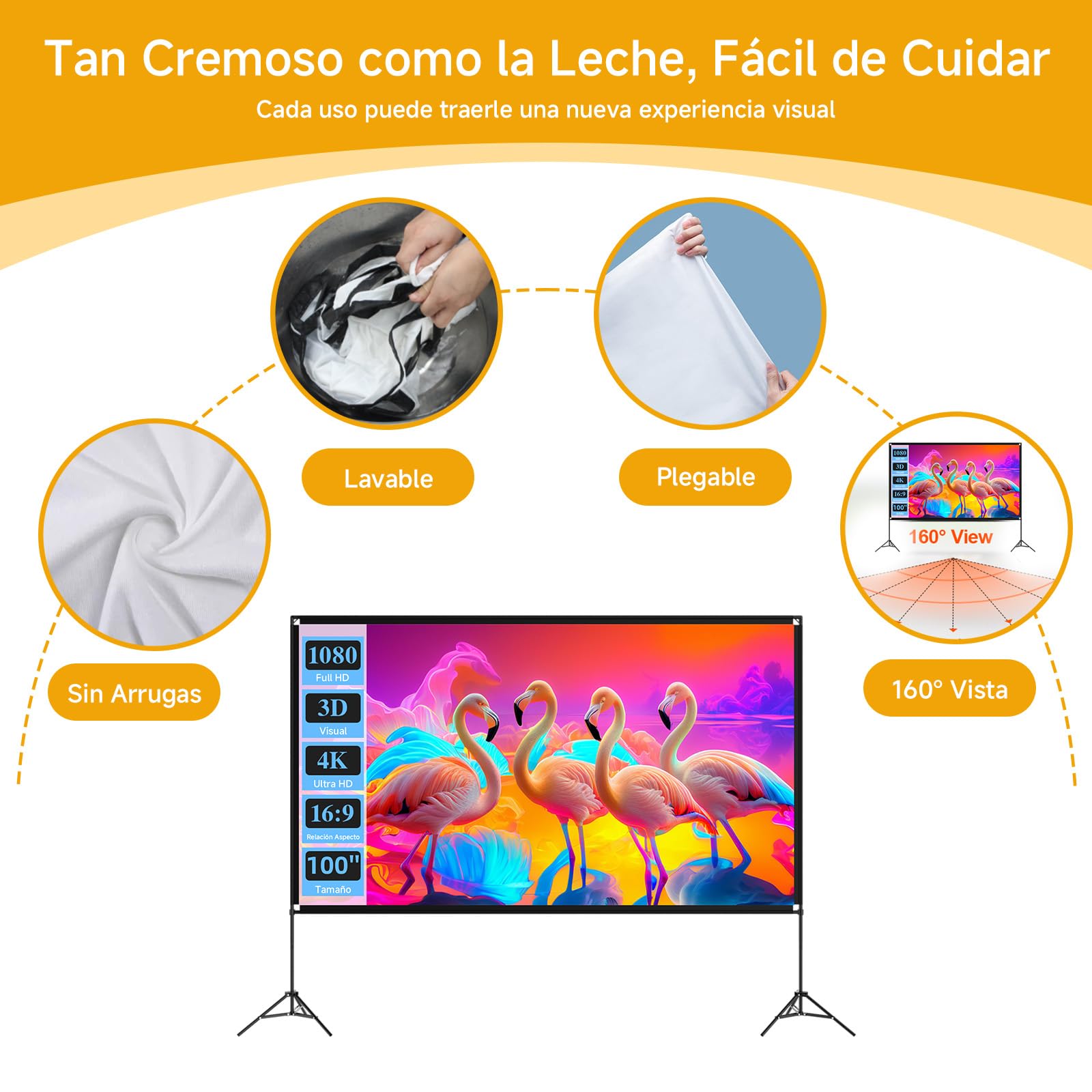 VISULAPEX Pantalla Proyector 100 Pulgadas, 16:9, 4K HD Pantalla para Proyector Portátil con Tripode, Pantalla Plegable para Proyector para Interior y Exterior, Cine en Casa, Jardín