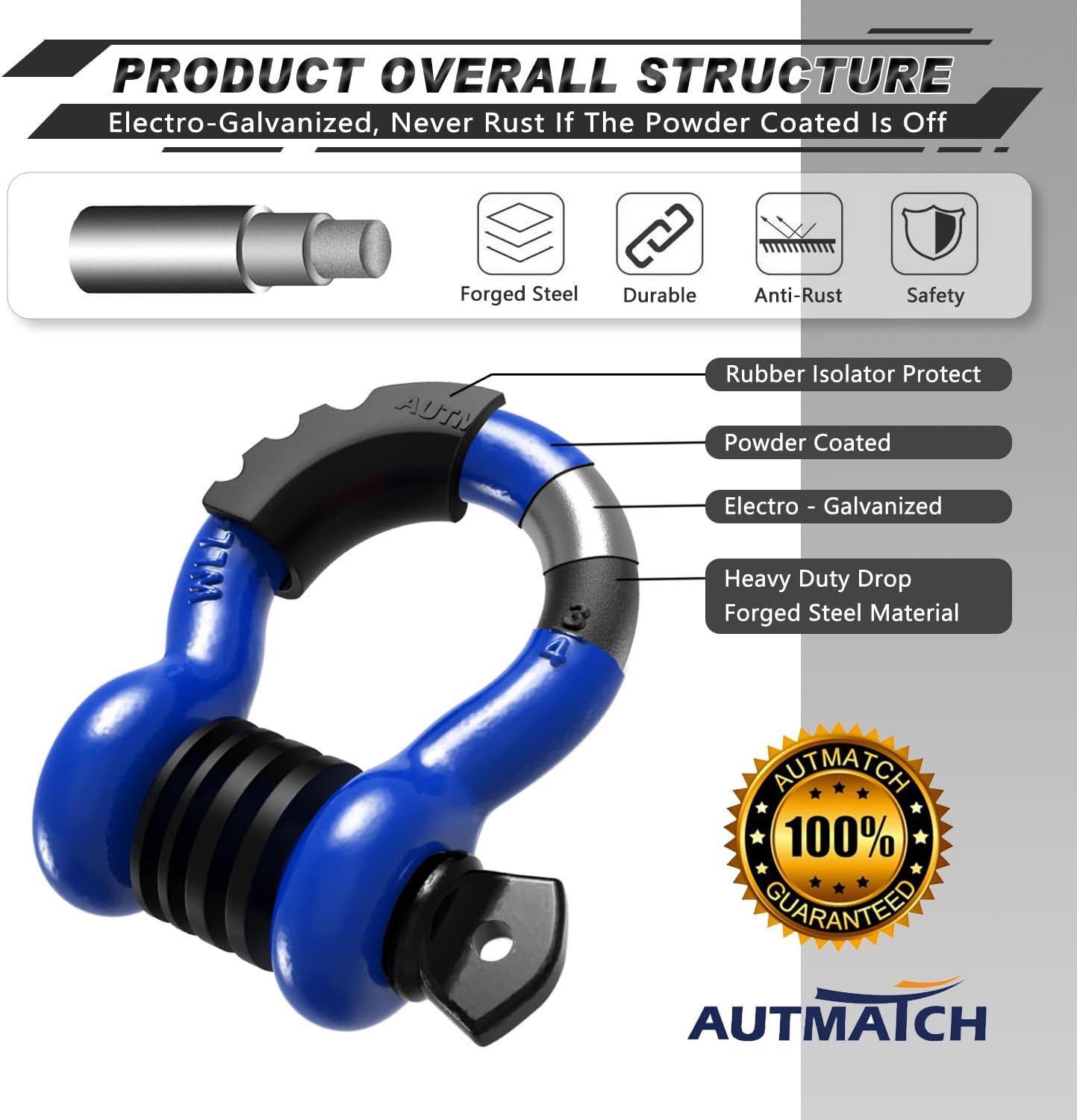 AUTMATCH 3/4" D Ring Shackle with Isolator & Washers Kit, Winch Cable Hook Stopper and Silicone Rubber Shock Absorbent Winch Stopper for Jeep Tow Strap Winch Off Road Vehicle Recovery, Blue & Black