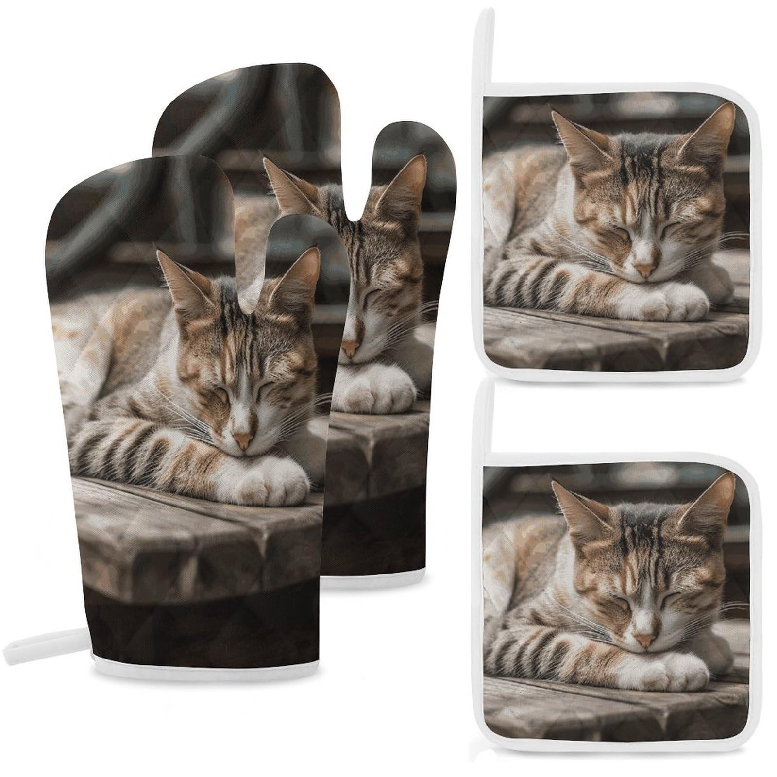 Cat Sleeping Oven Mitts and Pot Holders Sets Heat Resistant Oven Glove with Hanging Loop for Baking Cooking BBQ Thicken Potholders for Kitchen