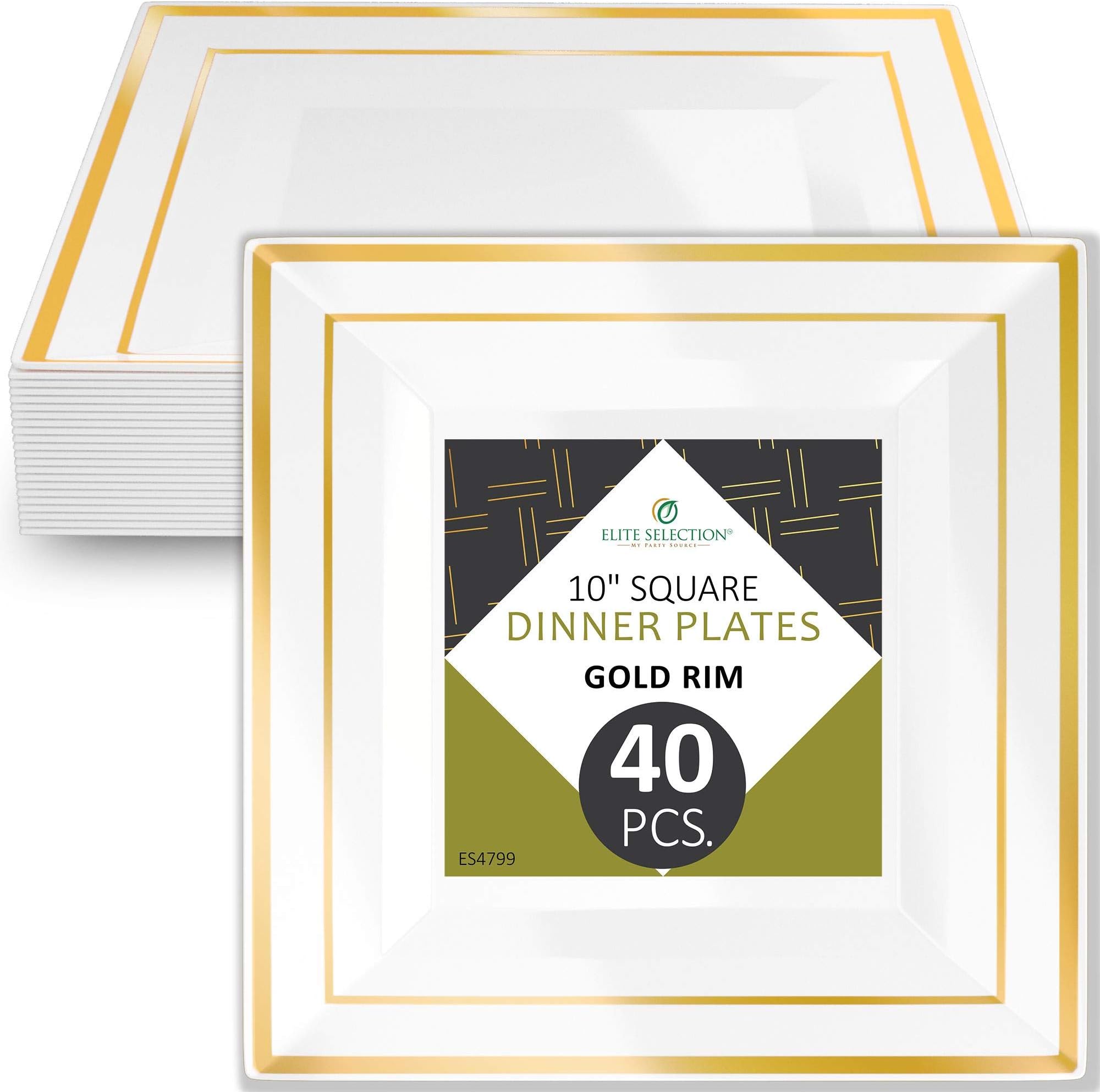 ELITE SELECTION Disposable Plastic Dinner Plates - 40 Pack Premium Quality Hard square 10” Plate with Elegant Gold Trim for Wedding, Birthday, and Party