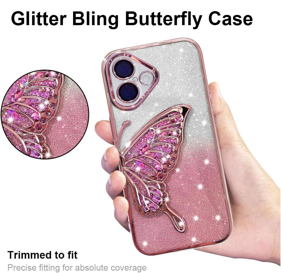 Image of mobistyle Designed for iPhone 16 Plus Cover with Glitter Cute Butterfly Electroplate Plating Design Back Cover Case for Women Teen Girls [ Silicone ||Pink