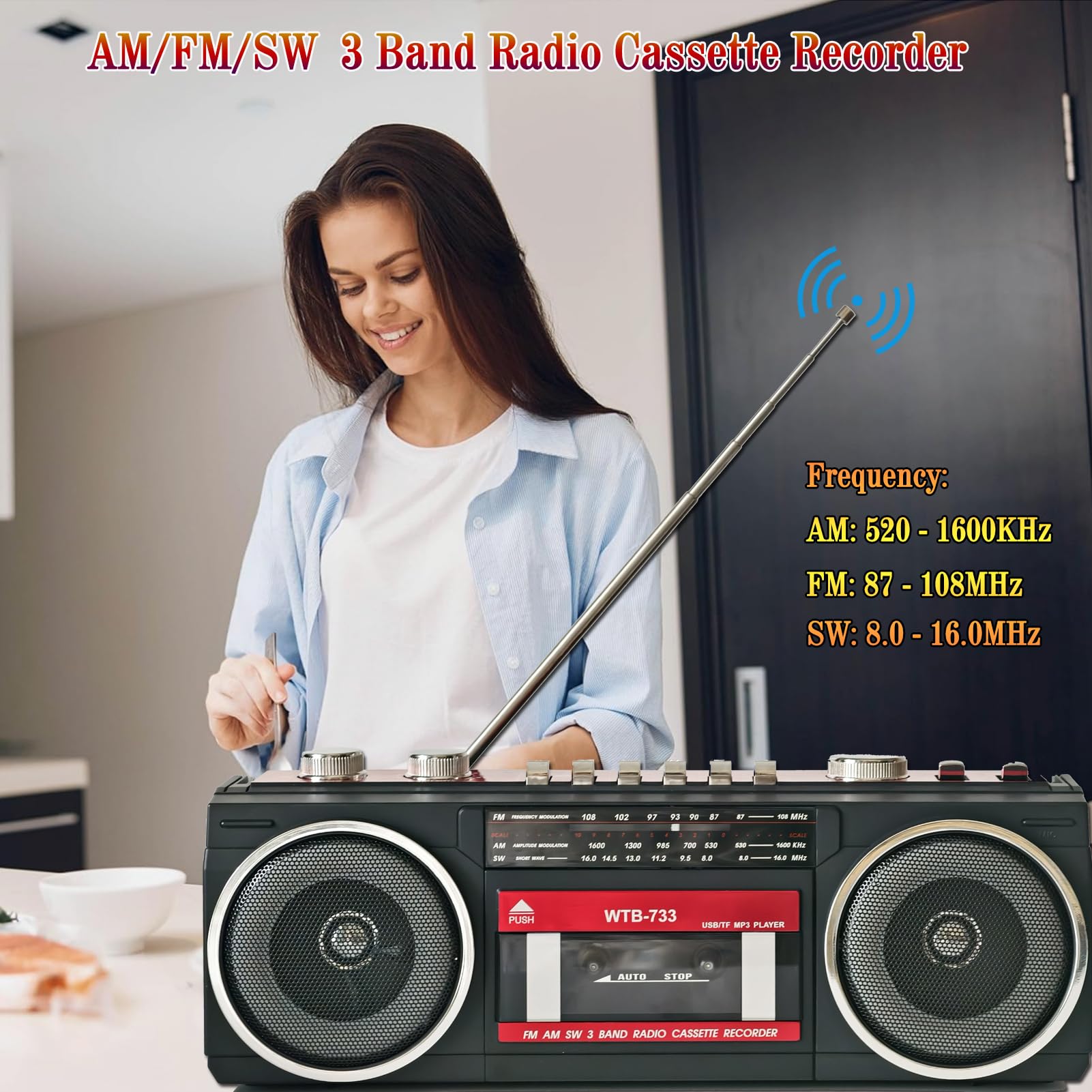 Magnetofon kasetowy w stylu lat 80. z Boombox Bluetooth, radiem AM/FM/SW, nagrywaniem USB, gniazdem słuchawkowym, dźwiękiem stereo, 16 W, zasilacz AC/DC