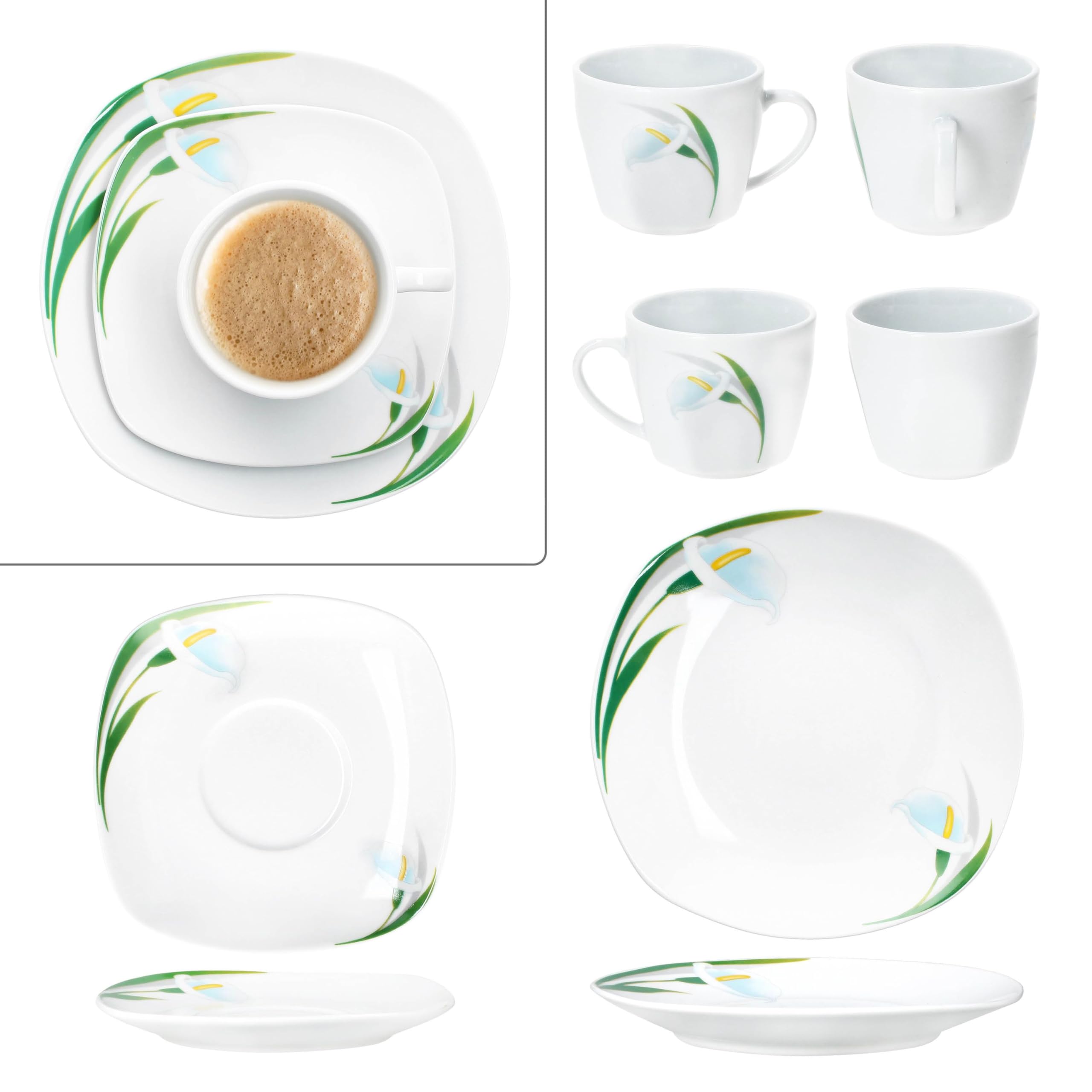MamboCat 18tlg Kaffeeservice White Calla I Florale stilvolle Porzellan-Geschirr mit Blumen-Dekor für 6 Personen I Je 6X Tassen 150ml, Untertassen & Teller für Frühstück & Kaffee