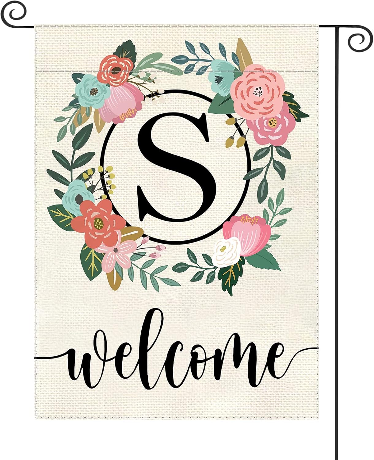 Monogram Letter Garden Flag Floral 12x18 Inch Double Sided for Outside Small Burlap Family Last Name Initial Yard Flag (S)