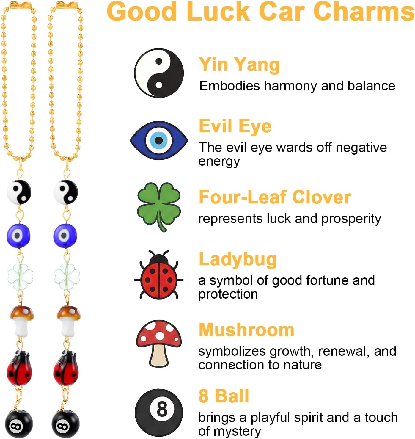 2 Pcs Rearview Mirror Charms,Colorful Evil Eye Car Charm with Four-Leaf Clover,Ladybug, 8 Ball, Mushroom & Yin Yang,for Vehicle Rear View Mirror Bag Keychain Cellphone Women Men