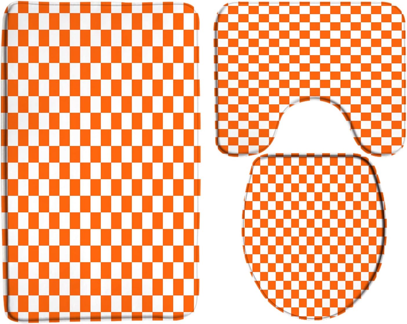 3PC Checkered Bath Mat Set Cute Orange and White Retro Checkerboard Vintage Aesthetic Geometric Modern Minimalist U-Shaped Area Rug, Toilet Lid Cover, 15.7x23.6 Inch