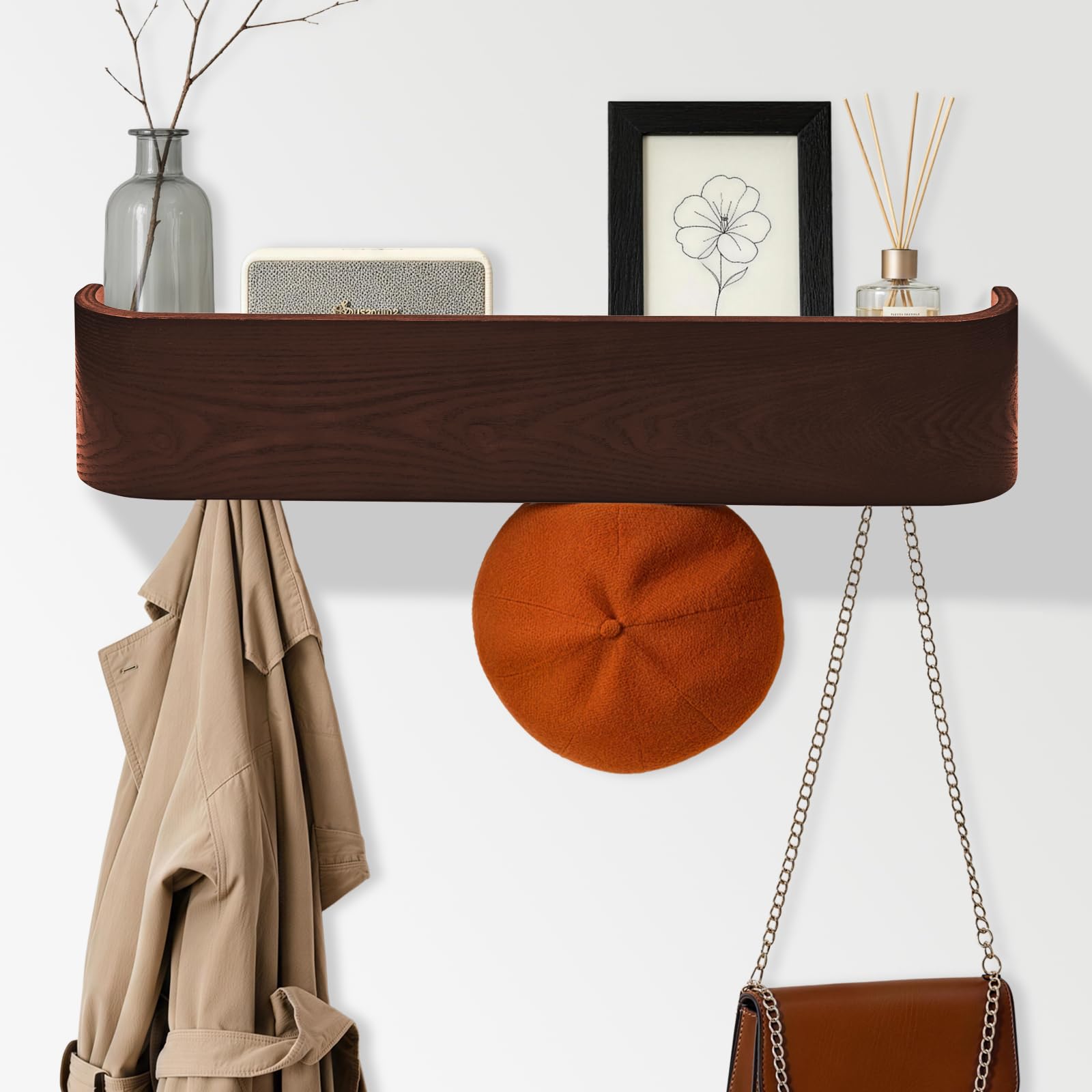 Topfinder Wall Coat Rack with Shelf, Entryway Hooks Organizer Coat Hanger Wooden Shelves with 5 Hidden Hooks Wall Storage for Bedroom Kitchen Hallway (Walnut)