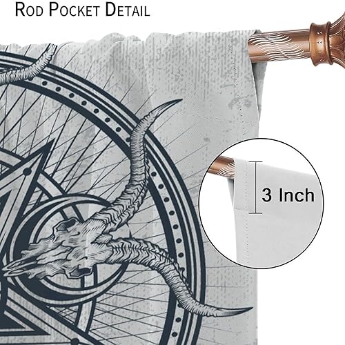 Vista 288 de Cortinas de cabeza de cabra, misteriosa cabeza de cabra malvada, calavera negra, bolsillo para barra, cortinas opacas para ventana, juego de 2