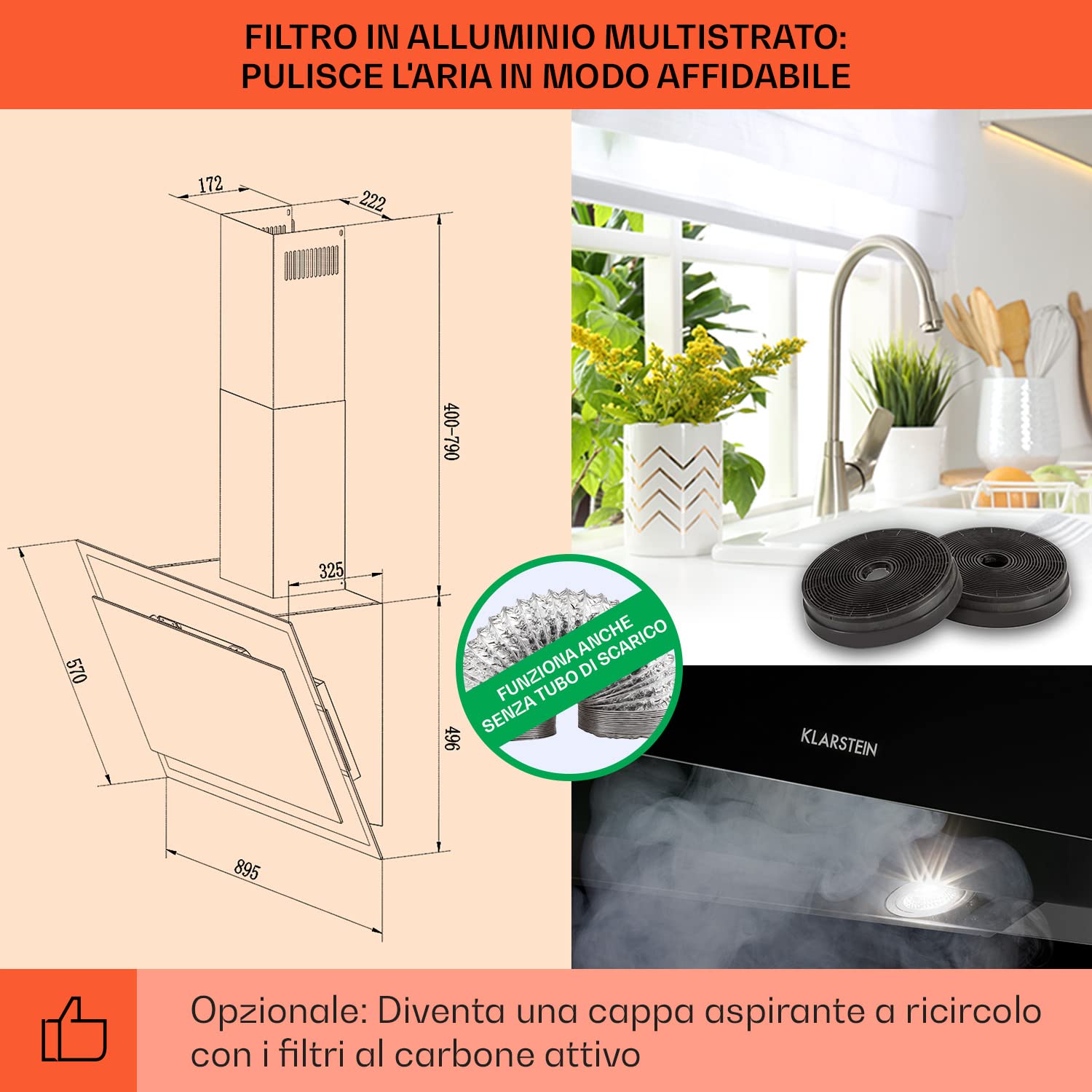 Klarstein Mirage 90 - Cappa aspirante a parete, senza testa, 90 cm, 550 m³/h, classe di efficienza energetica A++, pannello touch, Eco-Excellence, luce d'atmosfera RGB, vetro nero