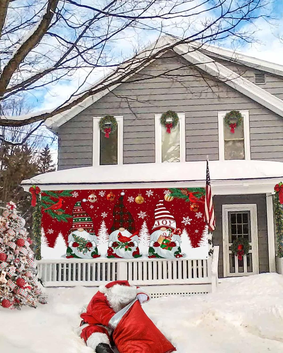Garage Door Christmas Decorations Banner, Gnome Christmas Garage Door Cover Murals Red Robin Cardinal Bird Holly Pine Tree Photography Backdrop for Xmas Holiday Outdoor Wall Decor,7x8ft