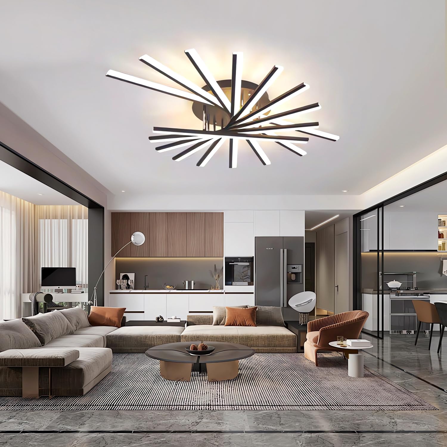 Dimmbare LED Deckenleuchte Moderne Deckenbeleuchtung mit Fernbedienung Deckenlampe Große Wohnzimmer Decke Licht Kreative Rundleuchte für Schlafzimmer Esszimmer Büro Küche (Schwarz, 9 Köpfe)