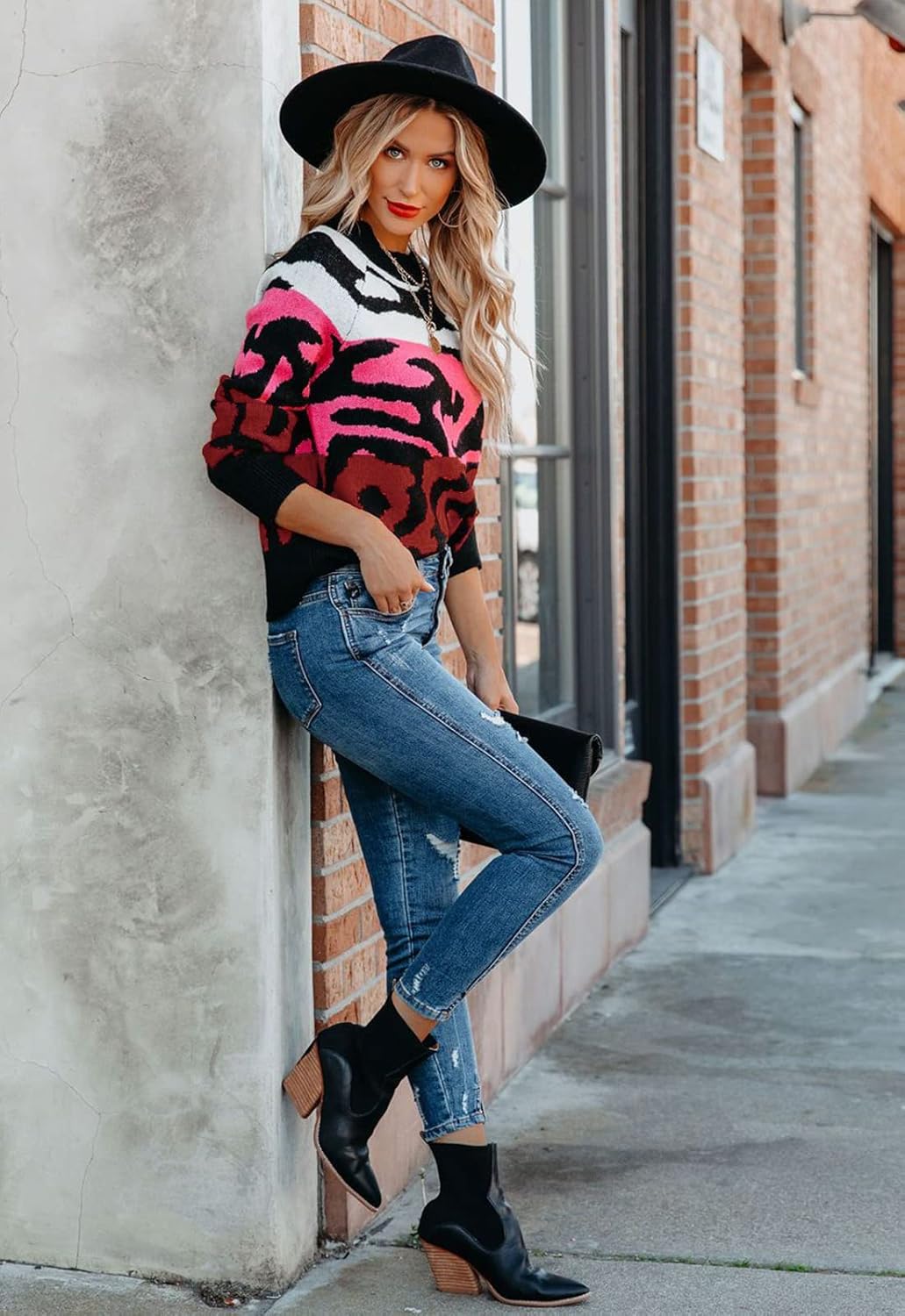 ANCAPELION Women’s V Neck Sweater Pullover Leopard Long Sleeve Basic Color Block Jumper Casual Knitted Tops - Image 3