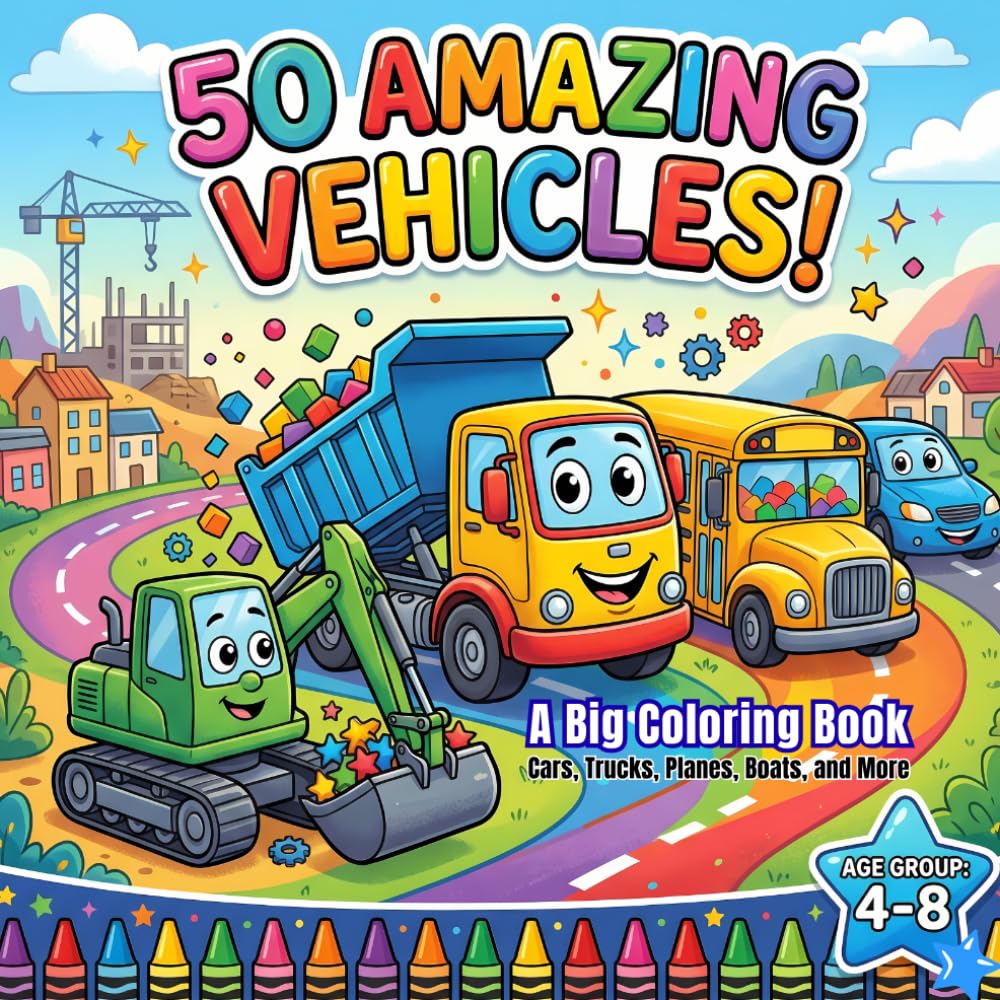 50 Amazing Vehicles: A Big Coloring Book for Kids Ages 4-8: Cars, Trucks, Planes, Boats, and More
