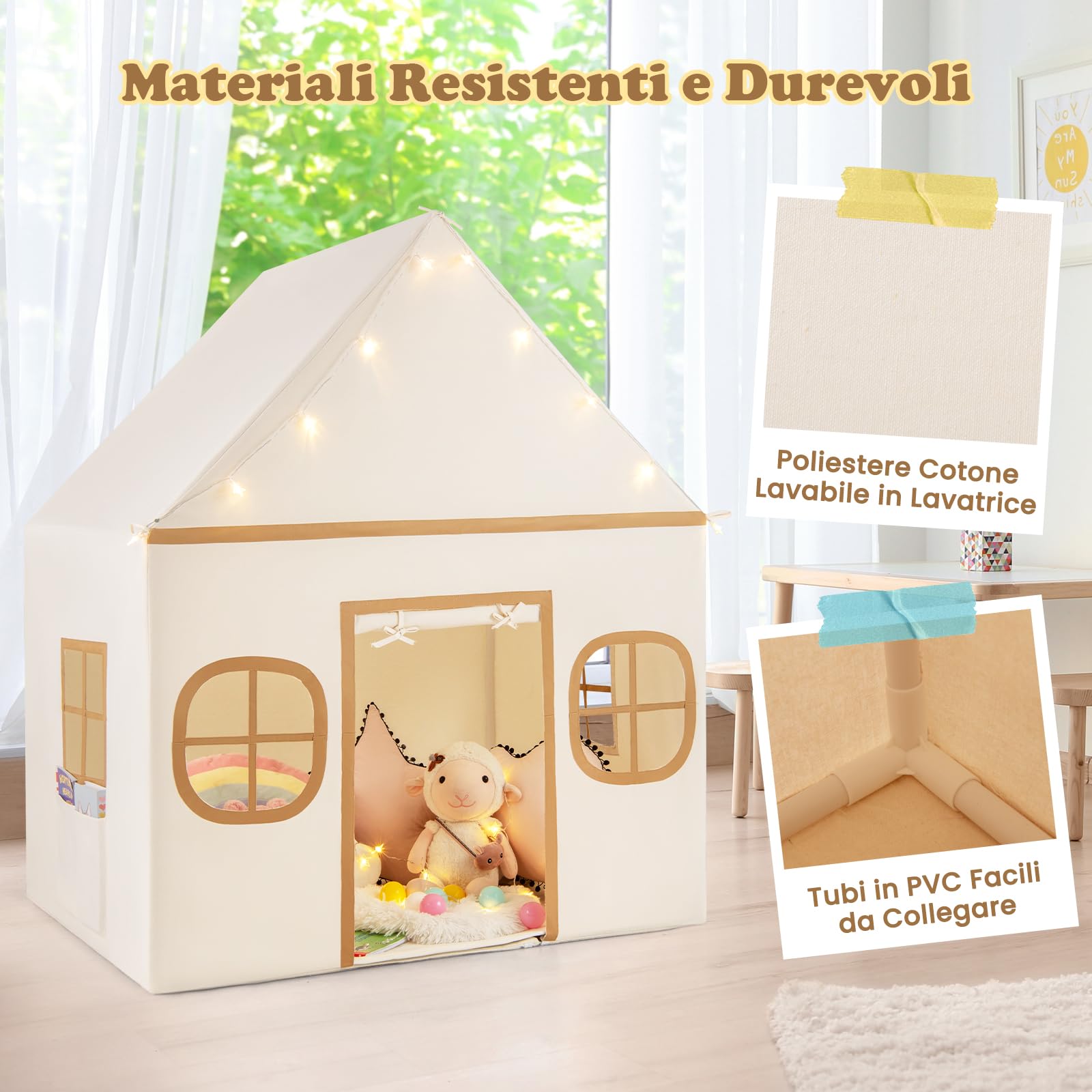 RELAX4LIFE Tienda de Juego con Forma de Casita para Niños, Casita Infantil Plegable con Luces Brillantes, 4 Ventanas Ventiladas, Colchón Suave de Algodón para Exterior e Interior (Café)