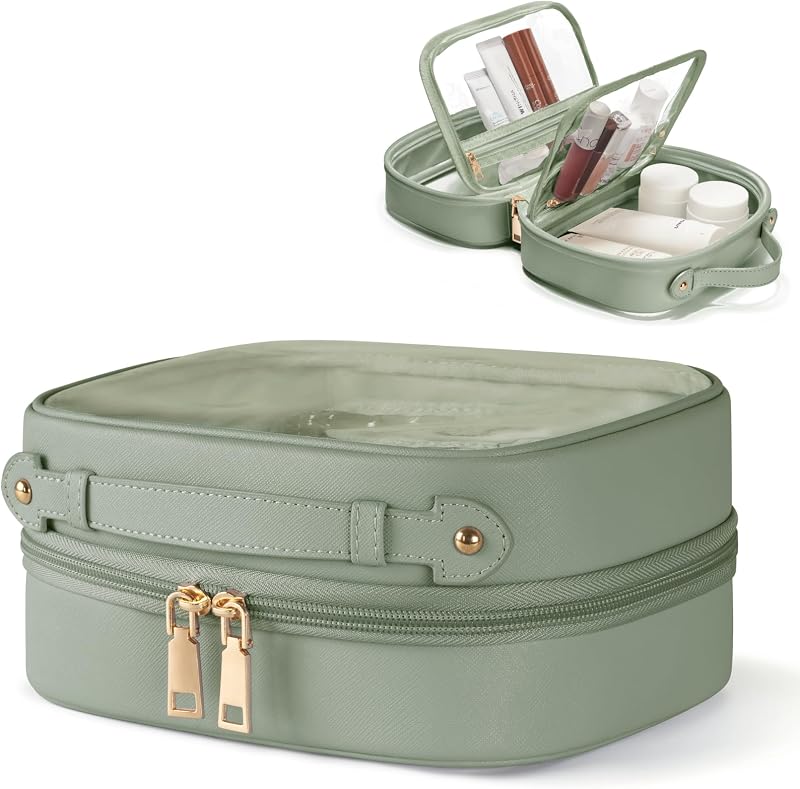 Necessaire transparente Oaque de 2 camadas com 4 compartimentos, zíper e alça, Verde-sálvia, pequena