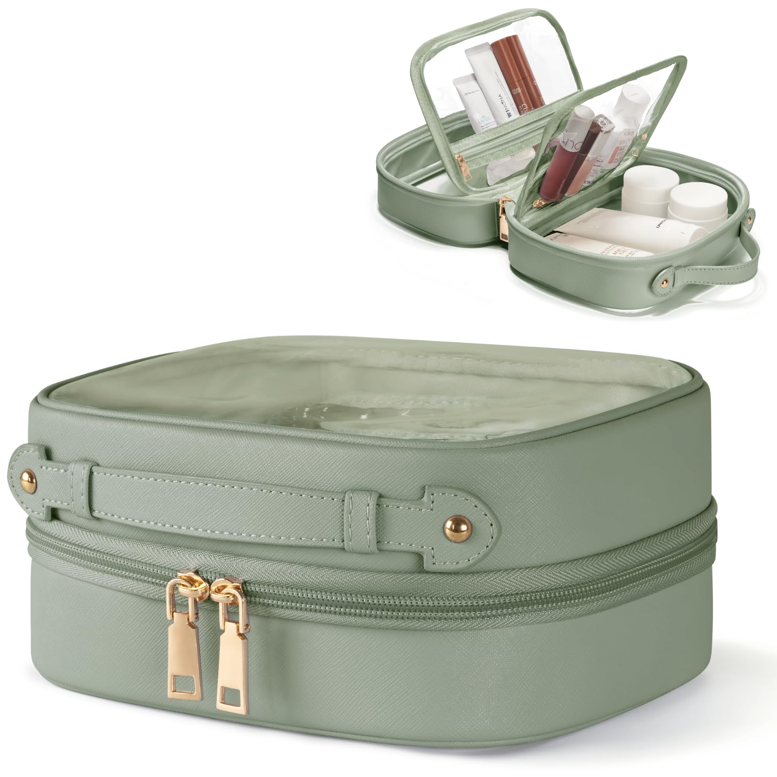 Borsa cosmetica trasparente a doppio strato, borsa da viaggio trasparente con 4 scomparti, borsa da viaggio trasparente per articoli da toeletta, grande borsa da toilette per donna, Verde salvia