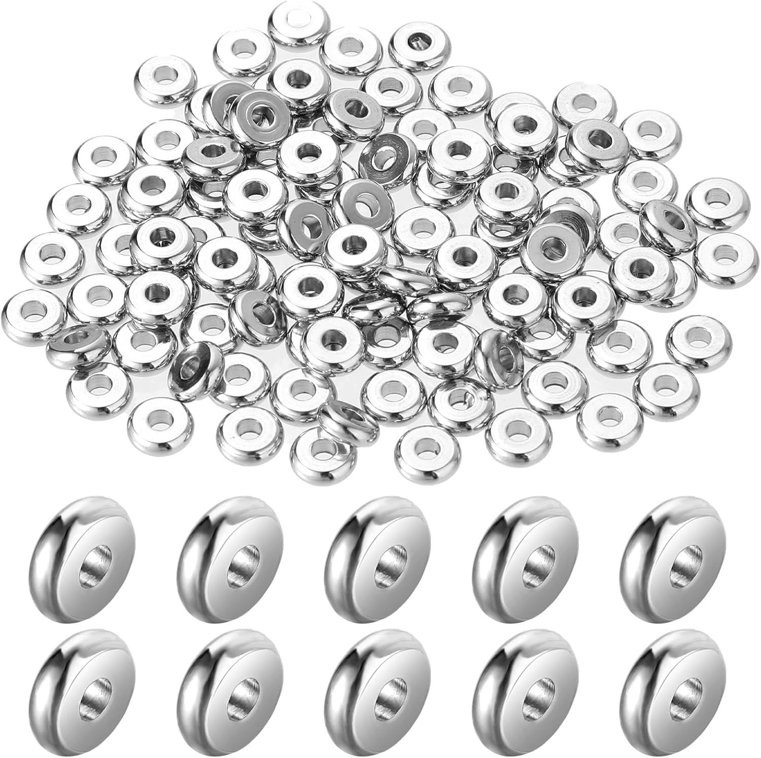100 Pcs Flat Disc Spacer Beads 6mm Silver Beads with Hole Stainless Steel Spacer Bead Plated Round Loose Charm Caps Bead for DIY Jewelry Making Bracelet Necklace Crafting