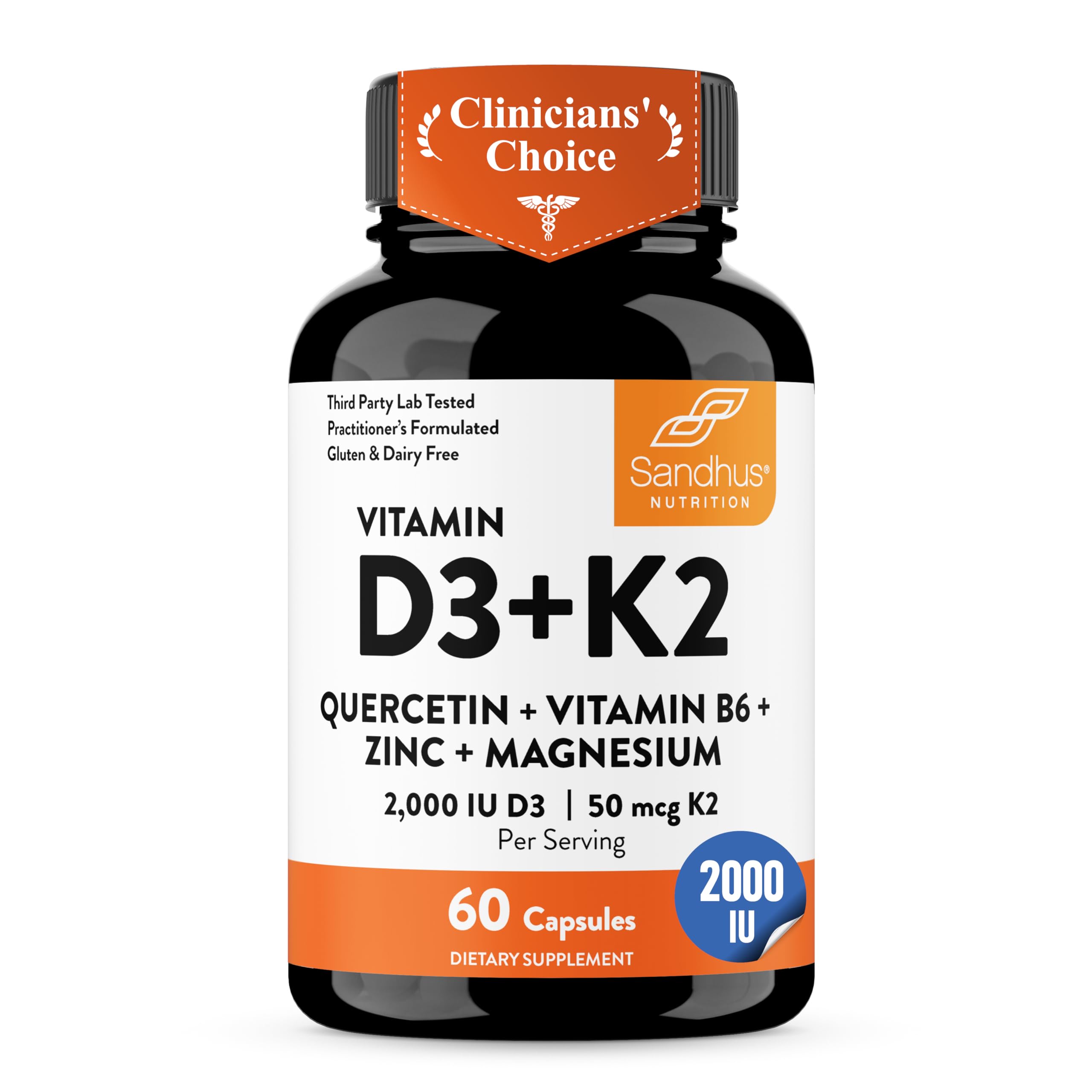 Vitamin D3 K2 2000 IU 120mcg Magnesium Zinc B6 Quercetin Capsules 60 Count