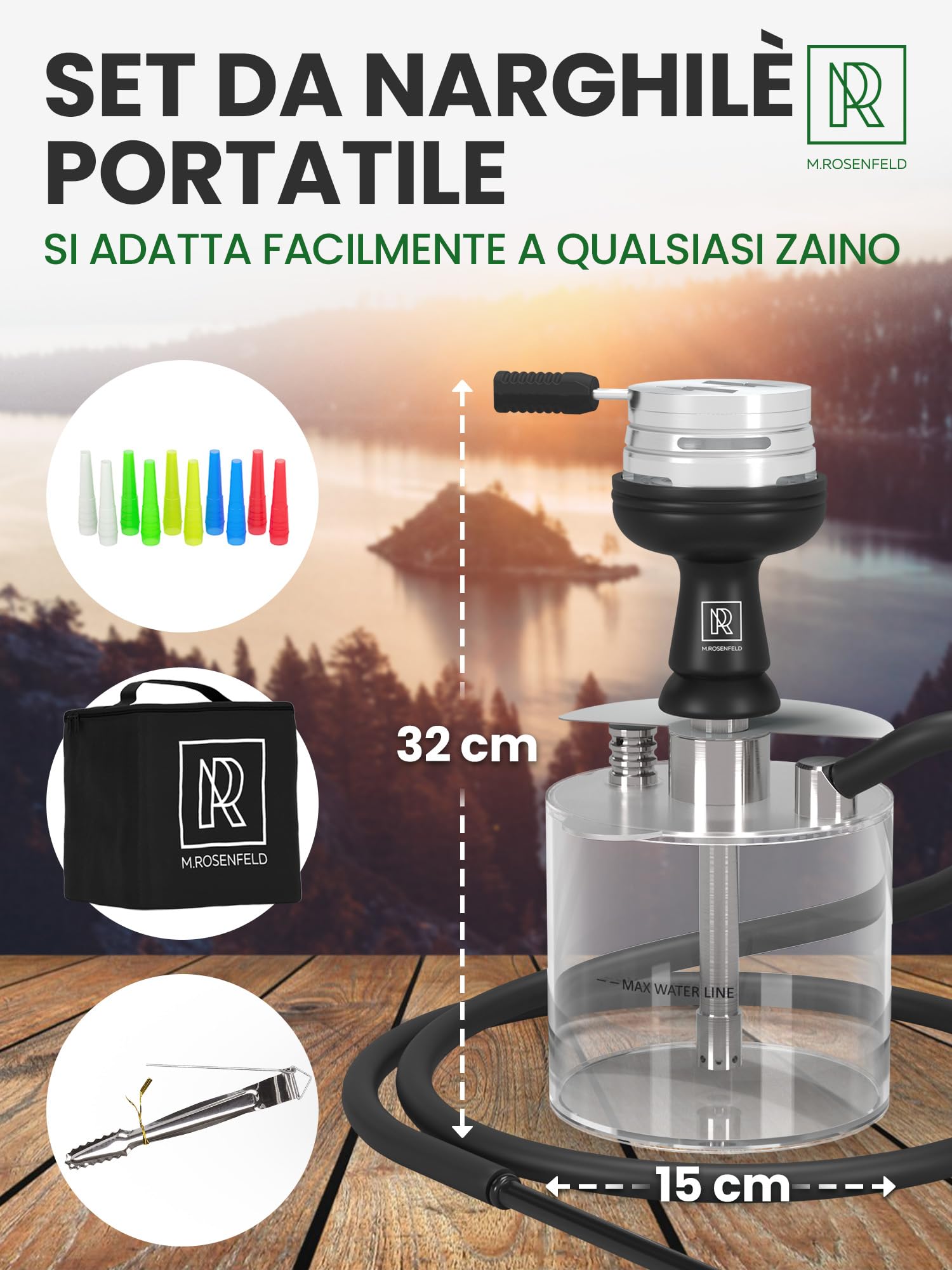 Narghilè Completo Kit M. ROSENFELD Con Borsa Yado - Shisha Narghile Piccola Per Viaggio In Acciaio Inossidabile - Narghile Completa Con Accessori Premium [set Testa Narghilè + Tubo + Bocchino]