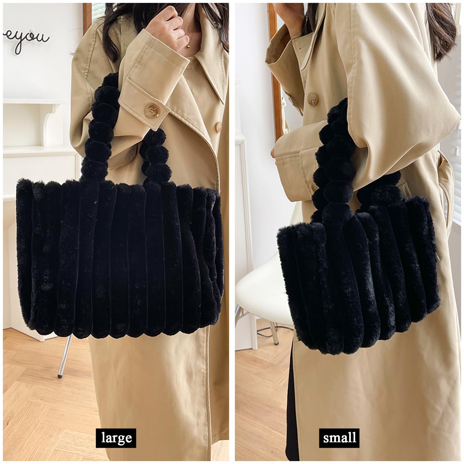 Extolove Furry Purse Large Fluffy Tote Bags for Women Winter Faux Fur Bag Fuzzy Purses and Handbags (A Black, L)