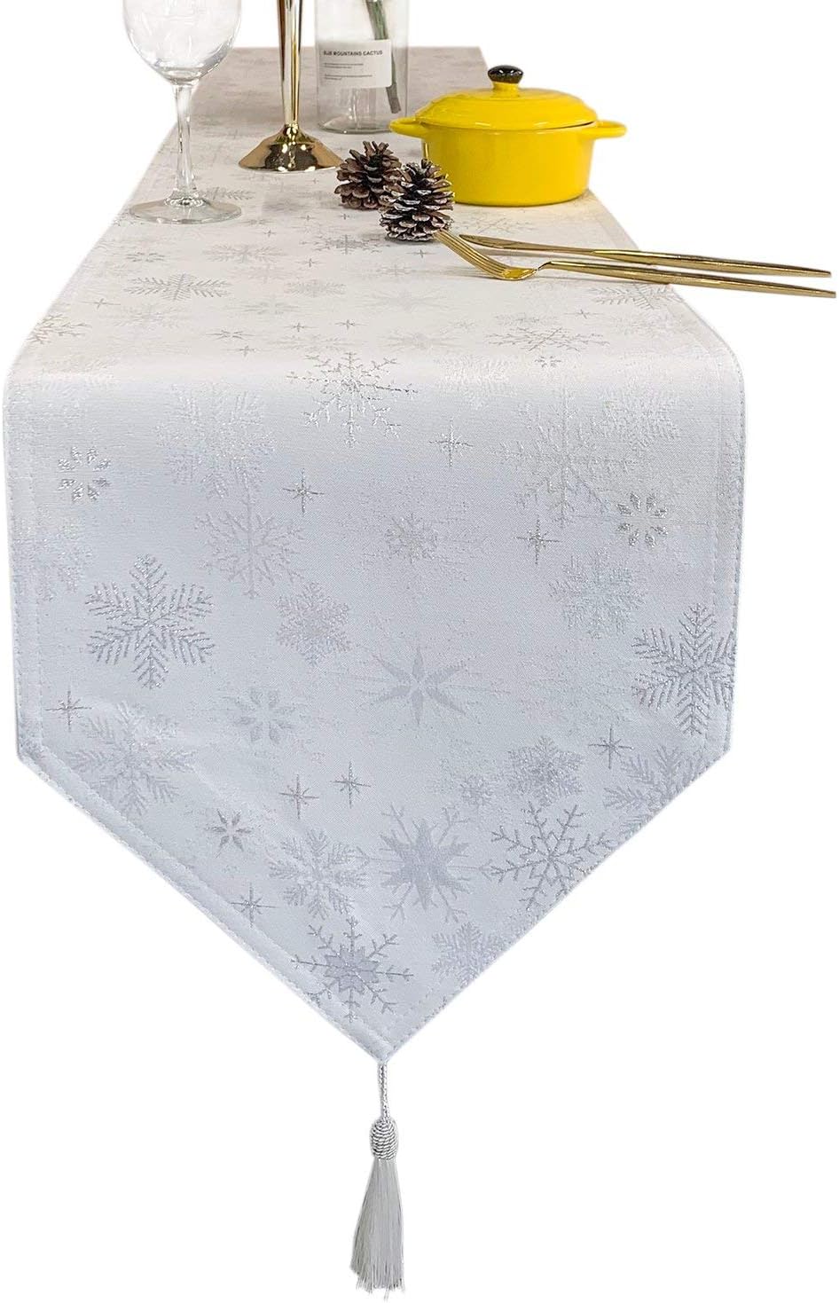 Lavin Christmas Table Runner Holiday 13x108 Inch, Twinkle Snowflakes Double Layers Polyester Washable Tablerunners for Parties, Durable Runner, Heat Resistant Winter Home Decor