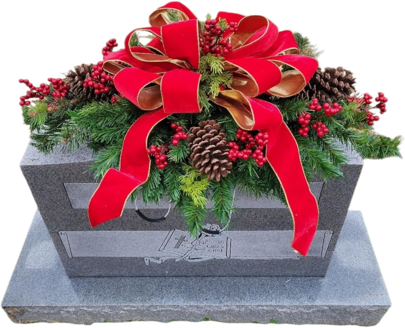 Headstone Saddle with Red Berries, Pinecones, and Red Velvet Ribbon - Christmas Memorial Decoration - Artificial Grave Flowers