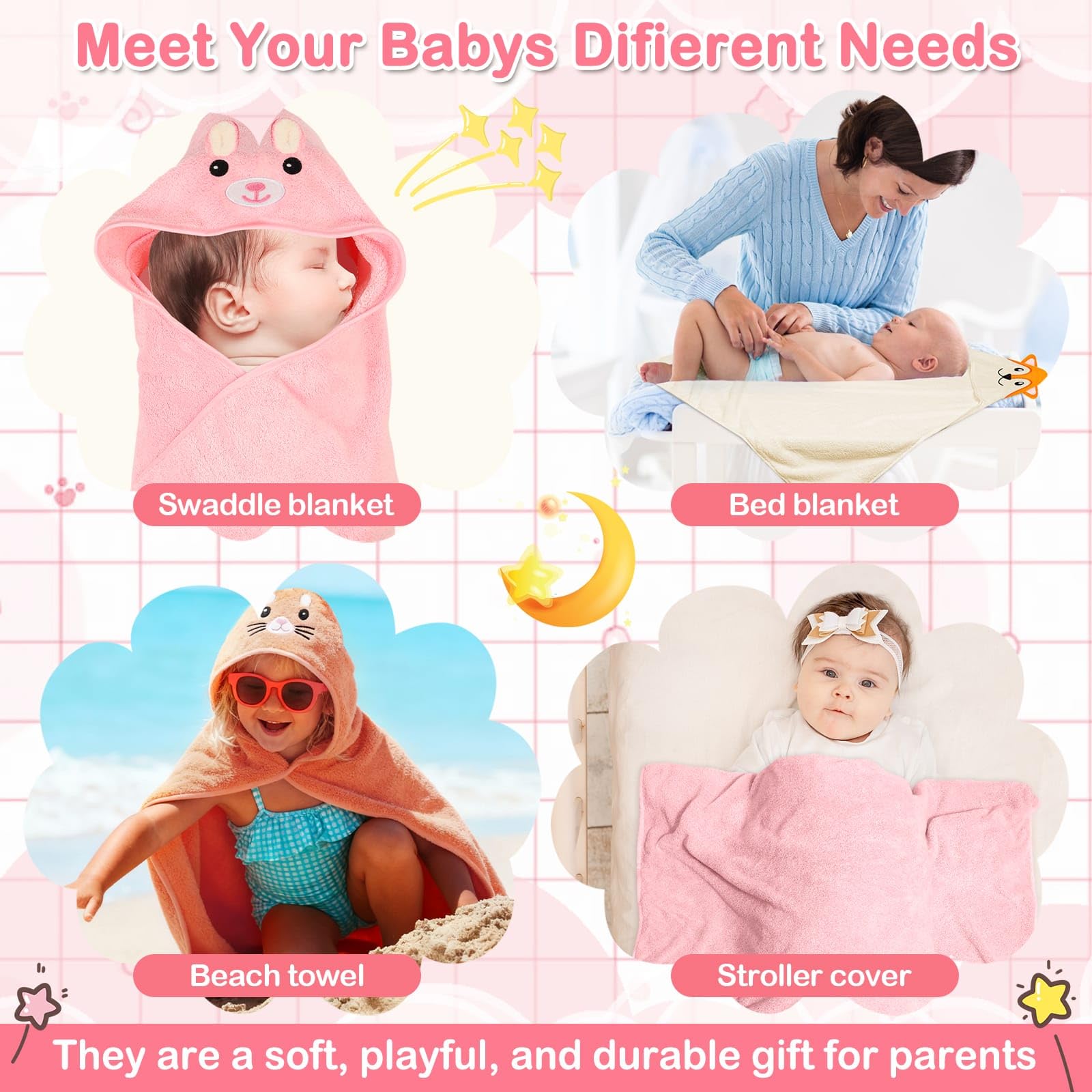 Sublaga 78,9 x 78,9 cm Baby-Kapuzenhandtücher, 9-teiliges Bad für Mädchen, Waschlappen-Set mit niedlichem Design, Duschtuch, Geschenk für Neugeborene, Säuglinge und Kleinkinder