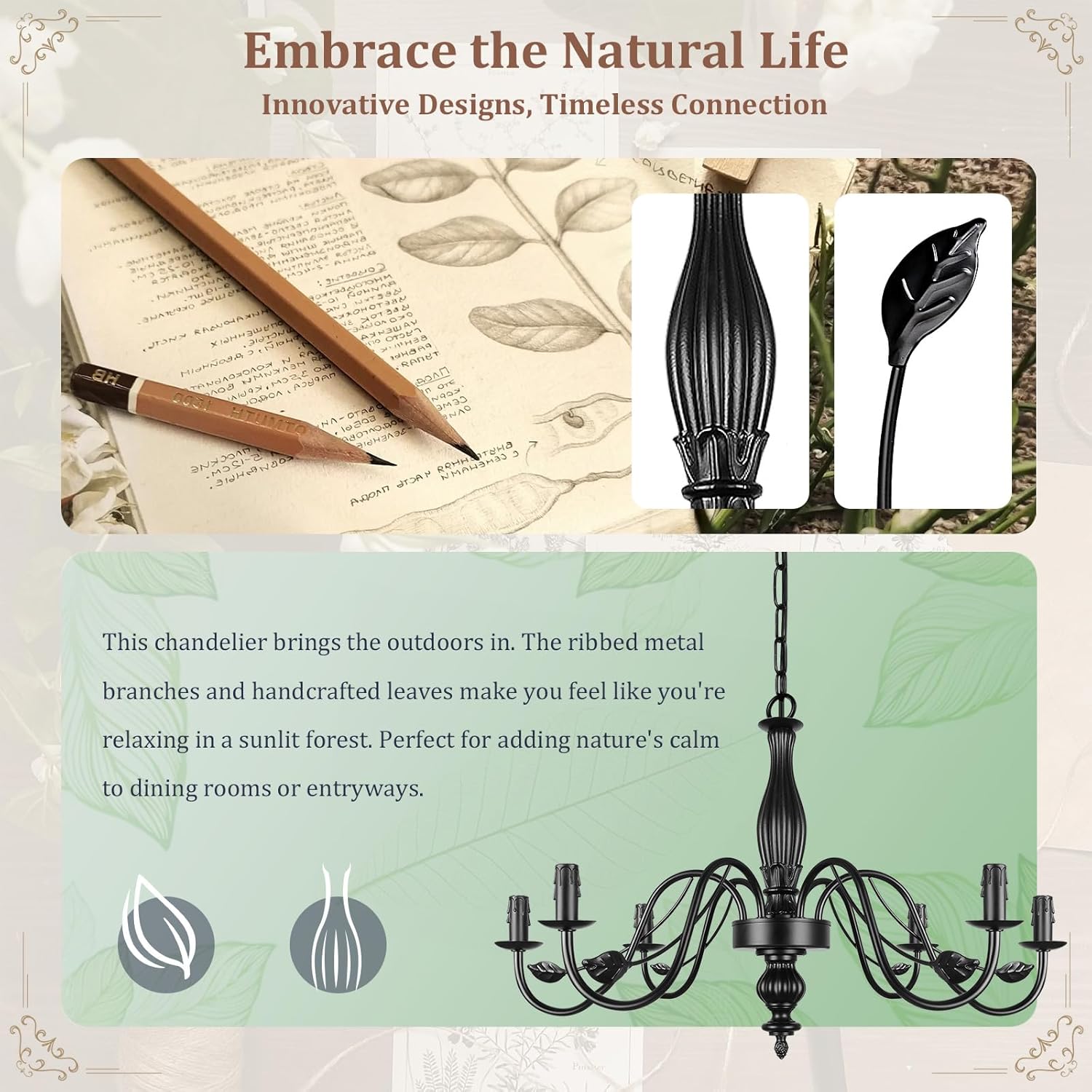 29" Black Chandelier for Dining Room, Modern Farmhouse 6-Light Light Fixture Hanging, Industrial Kitchen Lighting Fixtures with Leaf, Vintage Chandeliers Over Table for Bedroom Foyer Living Room