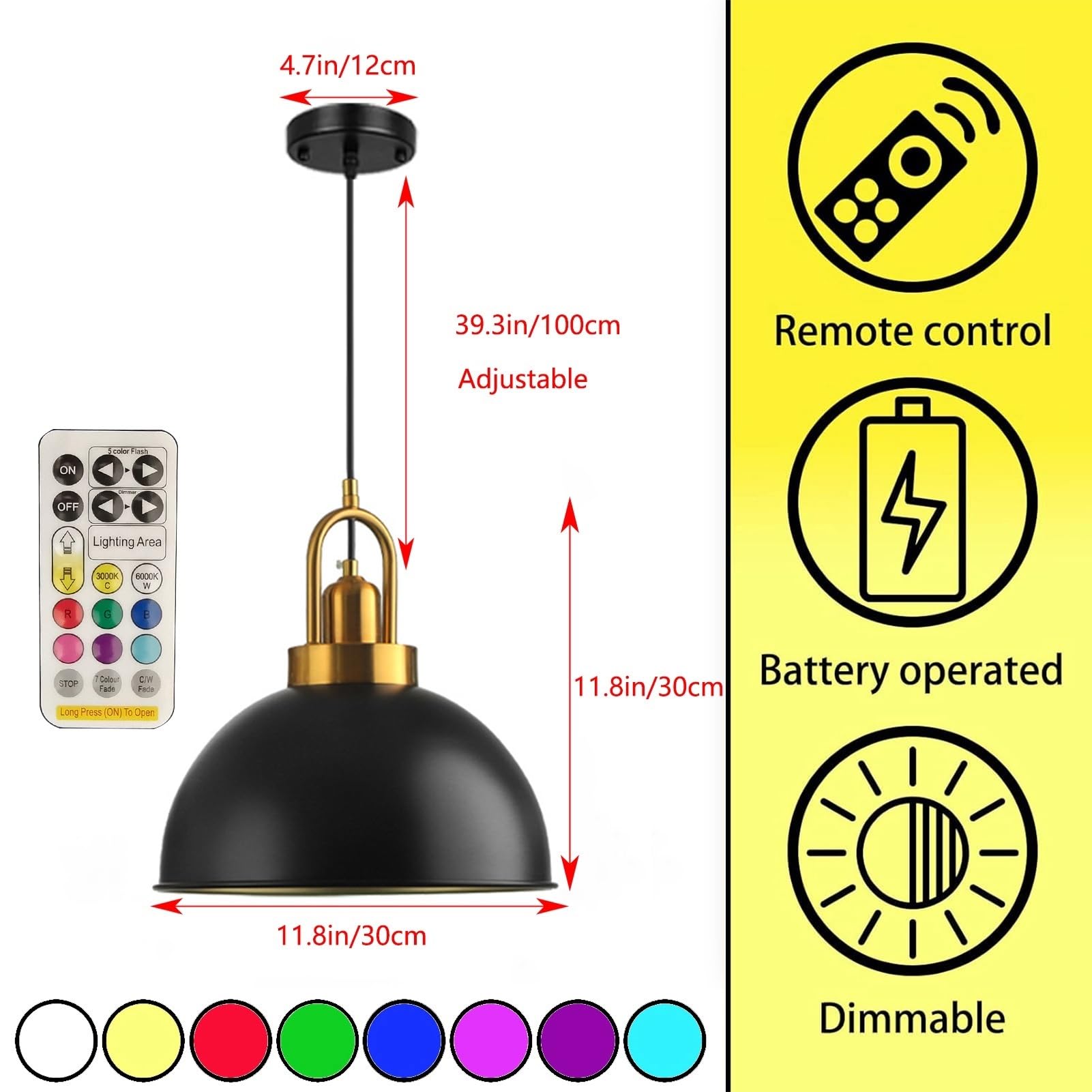 Industrie Hängelampe mit Batterie,Ohne Stromanschluss Hängelampen mit Fernbedienung,Metall Pendelleuchte Keine Verkabelung erforderlich,Innen Schwarze Pendelampe mit wiederaufladbare Lichtquelle.