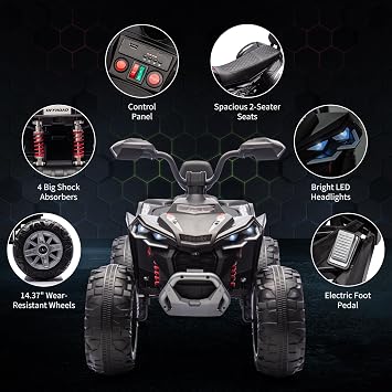 24V 2 Seater Electric ATV for Kids, Off-Road Ride On Quad Car w/Powerful Motor, High-Low Speed, 110 lbs Capacity, Rechargeable Battery - All Terrain Vehicle for Boys & Girls