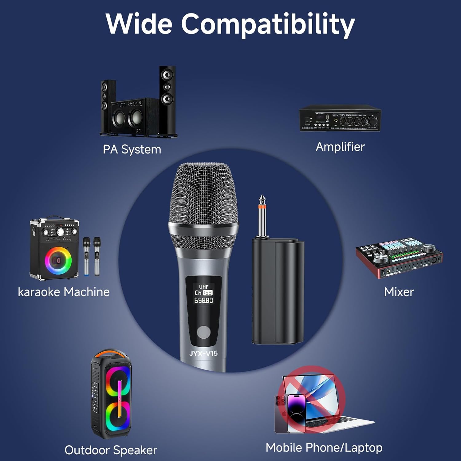 JYX Wireless Microphone, Professional UHF Metal Handheld Dynamic Mic System with Rechargeable Receiver 1/4''(6.35mm) Plug for Amplifier, PA System, Karaoke Singing, Wedding, Party, Speech, Class - Image 6