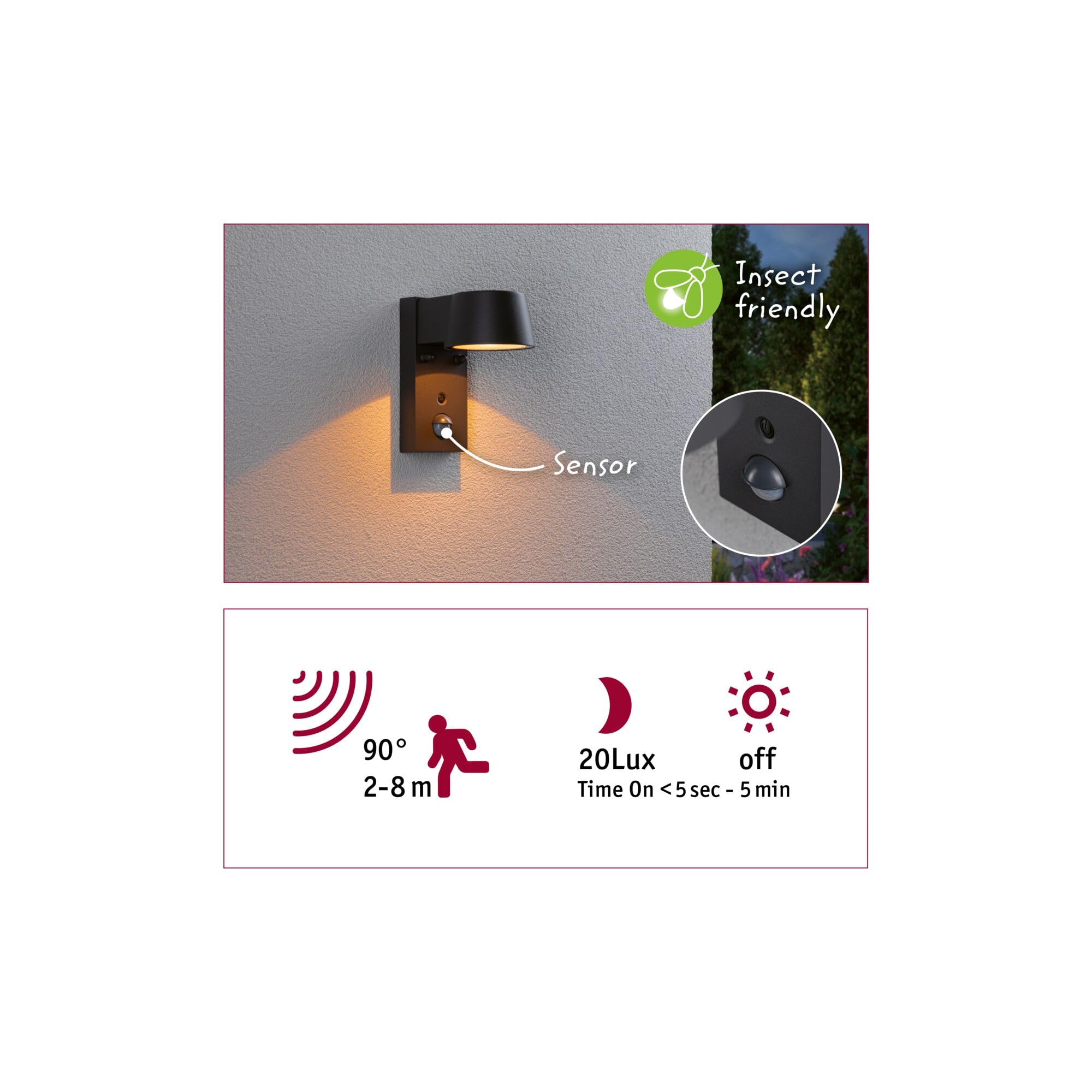 Paulmann Applique extérieure LED Capea Détecteur de mouvement crépusculaire (IR) respectueux des insectes IP44 96x165 mm Tunable Warm 6W 450lm 230V 98° Anthracite Aluminium 94714