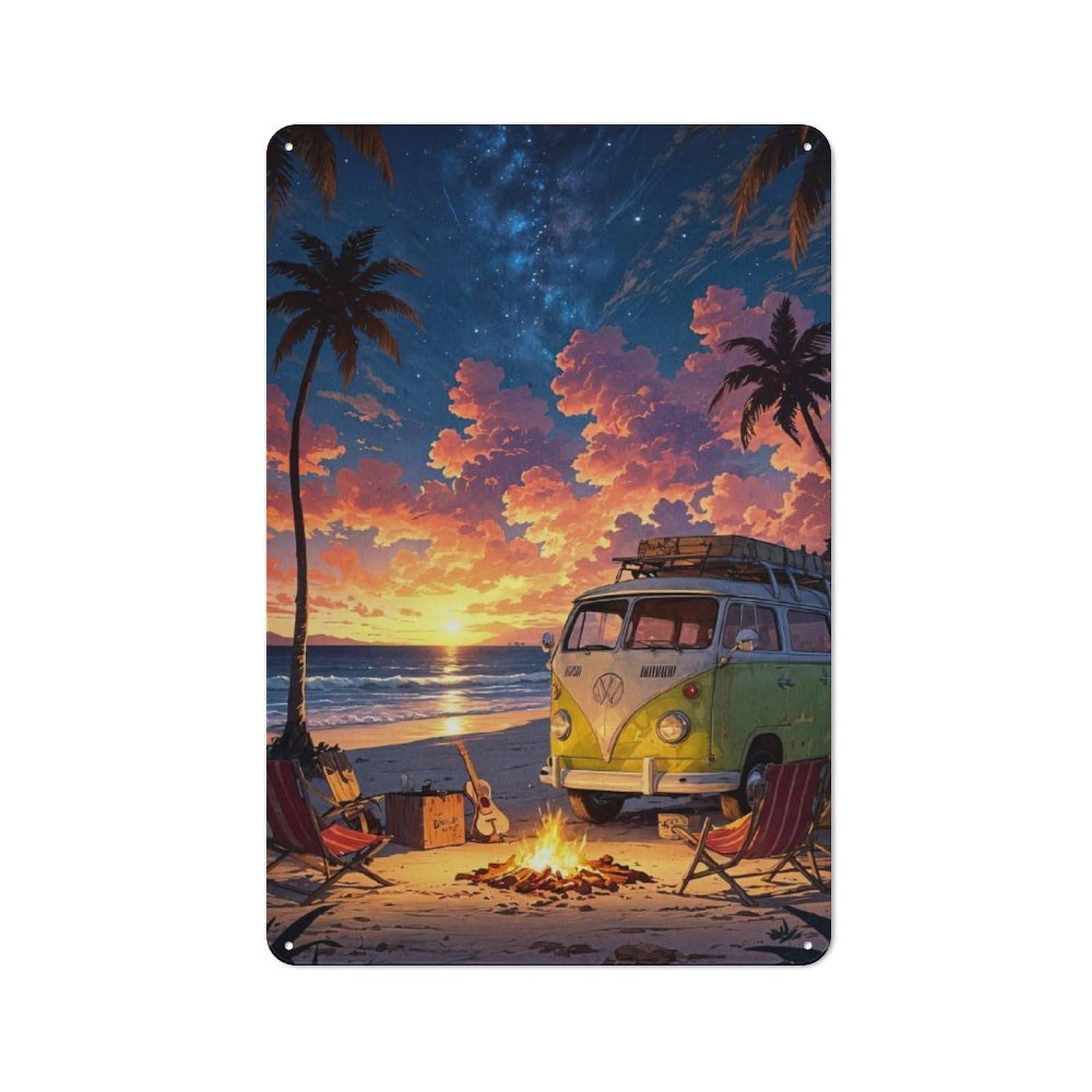 Junmoney Style-8 For Lounge Or Reading Corner, Beach Sunset Van Scene Retro Metal Sign 30X20cm, For Metal Sign Collectors, For Garage And Workshop Walls