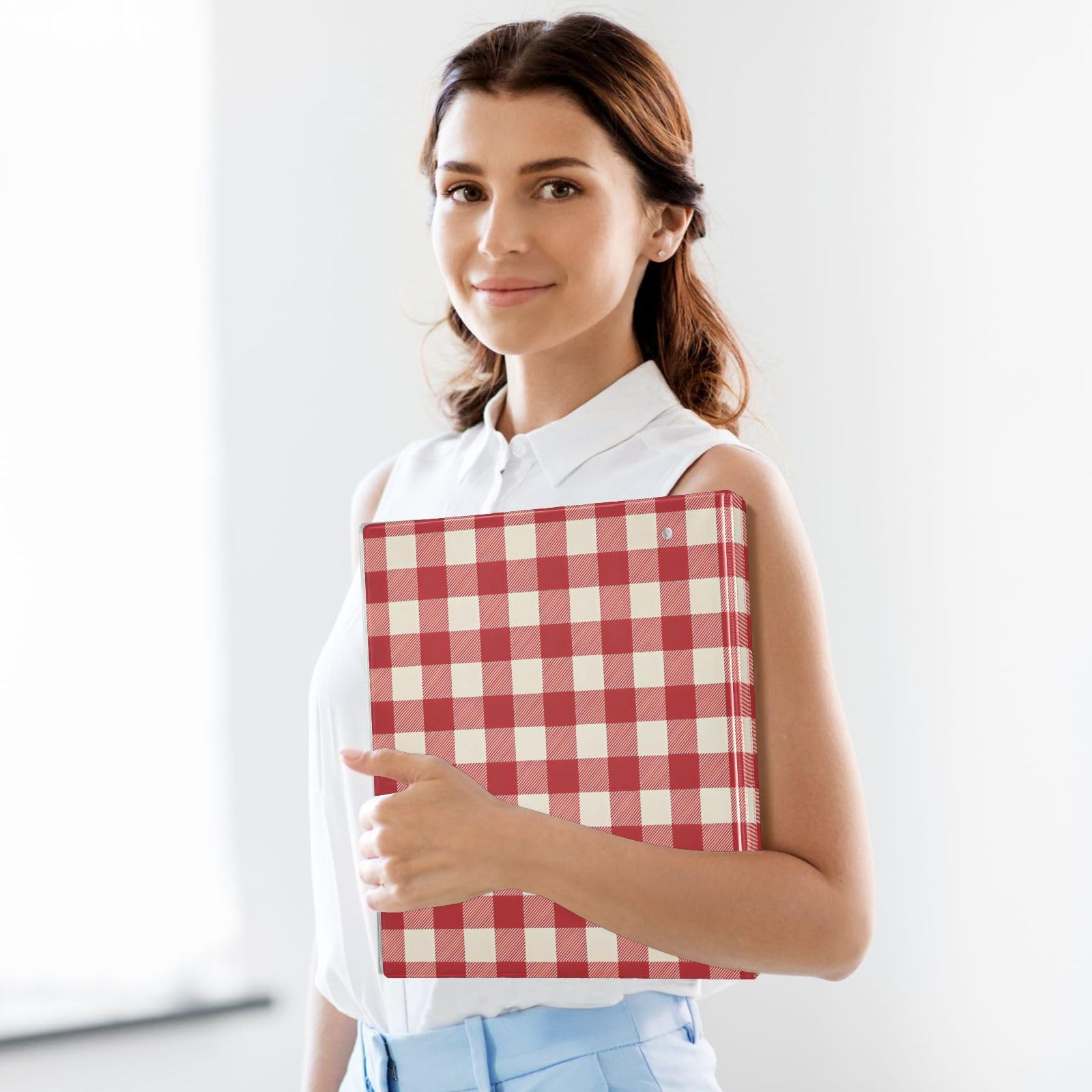 Classeur vichy rouge cerise à 3 anneaux, peut contenir 200 feuilles, 3 anneaux de 3,8 cm avec 3 poches intérieures transparentes en PVC et clip en métal antidérapant